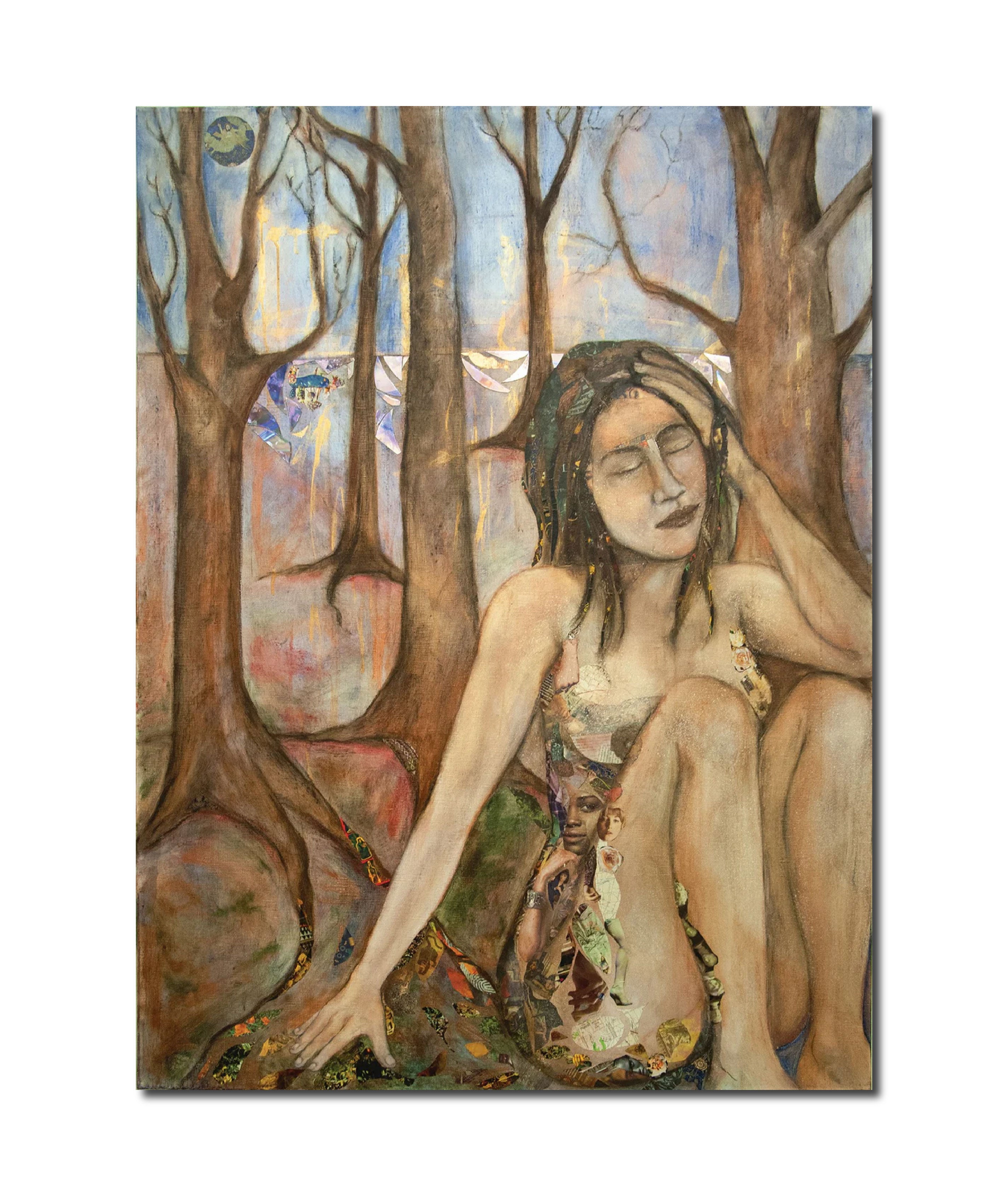 Collage Feminist Art Figurative Surrealist Collage 'LOST IN THE MOONLIGHT' - Mixed Media on Linen Denise Jones Adler
