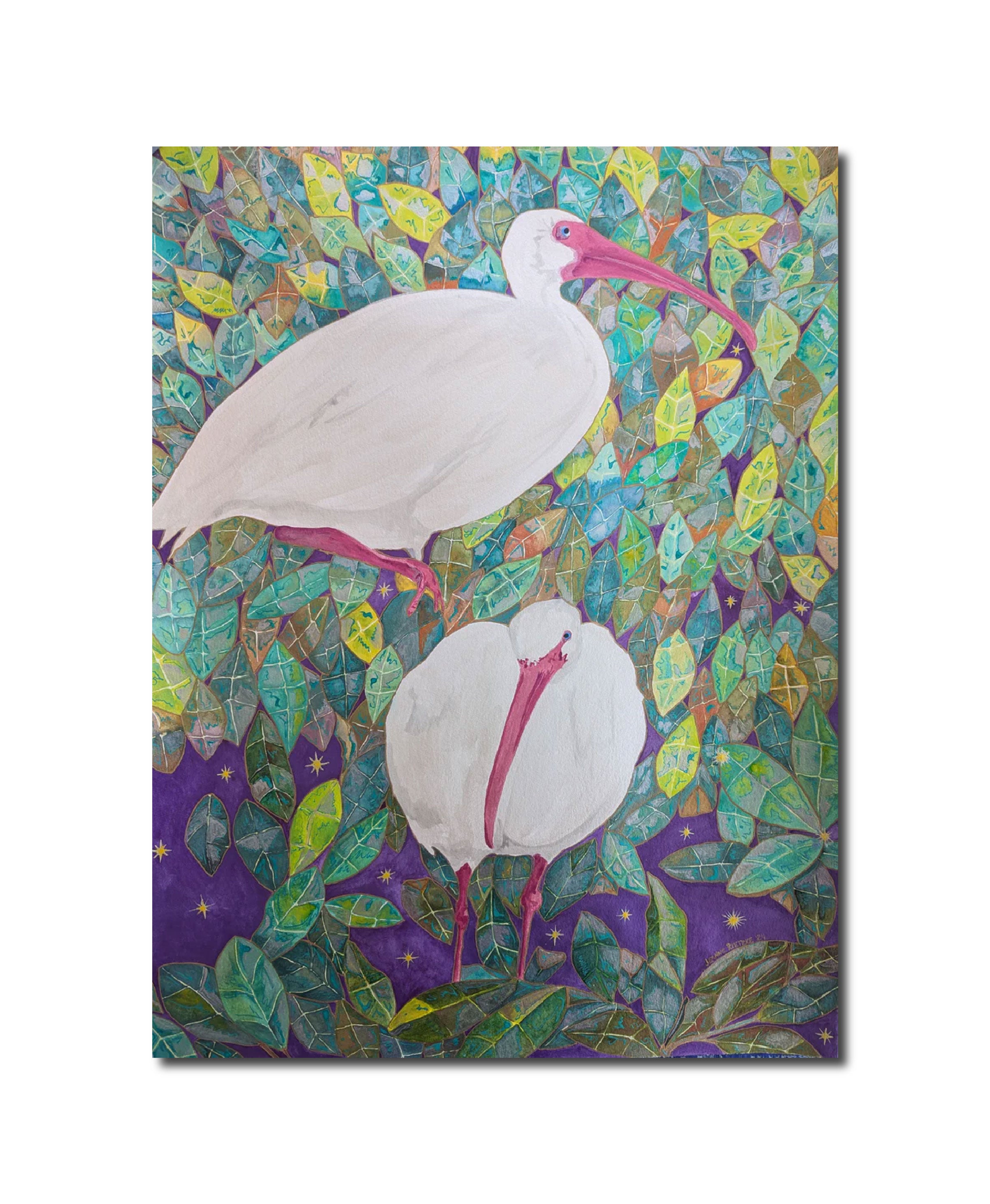 Ink Painting Watercolor Purple Night With Ibis Jeanne McIntosh Rietzke