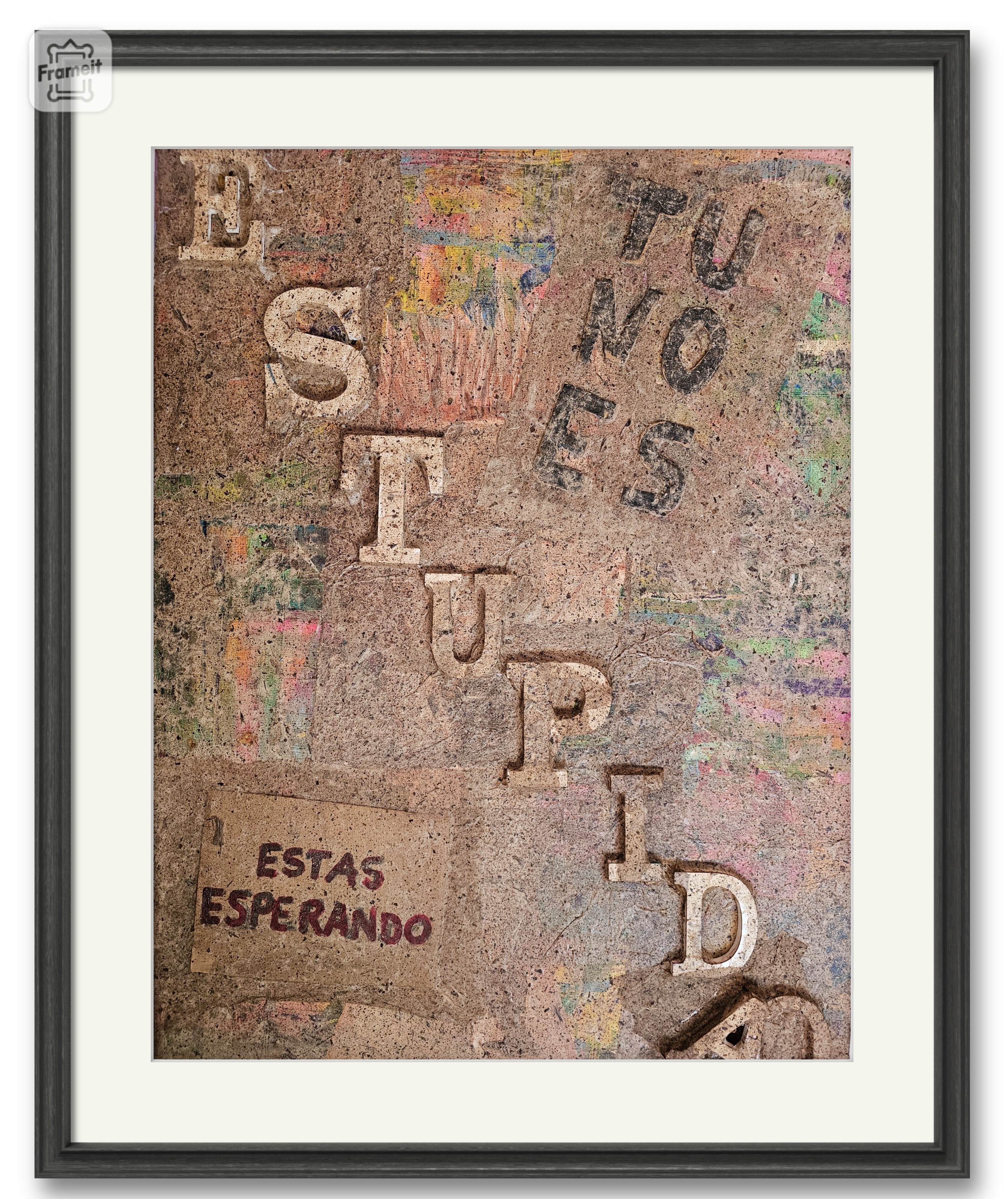 Abstract 'STUPIDA/O' - Acrylic, handmade paper, MDF letters on canvas Christopher Stone