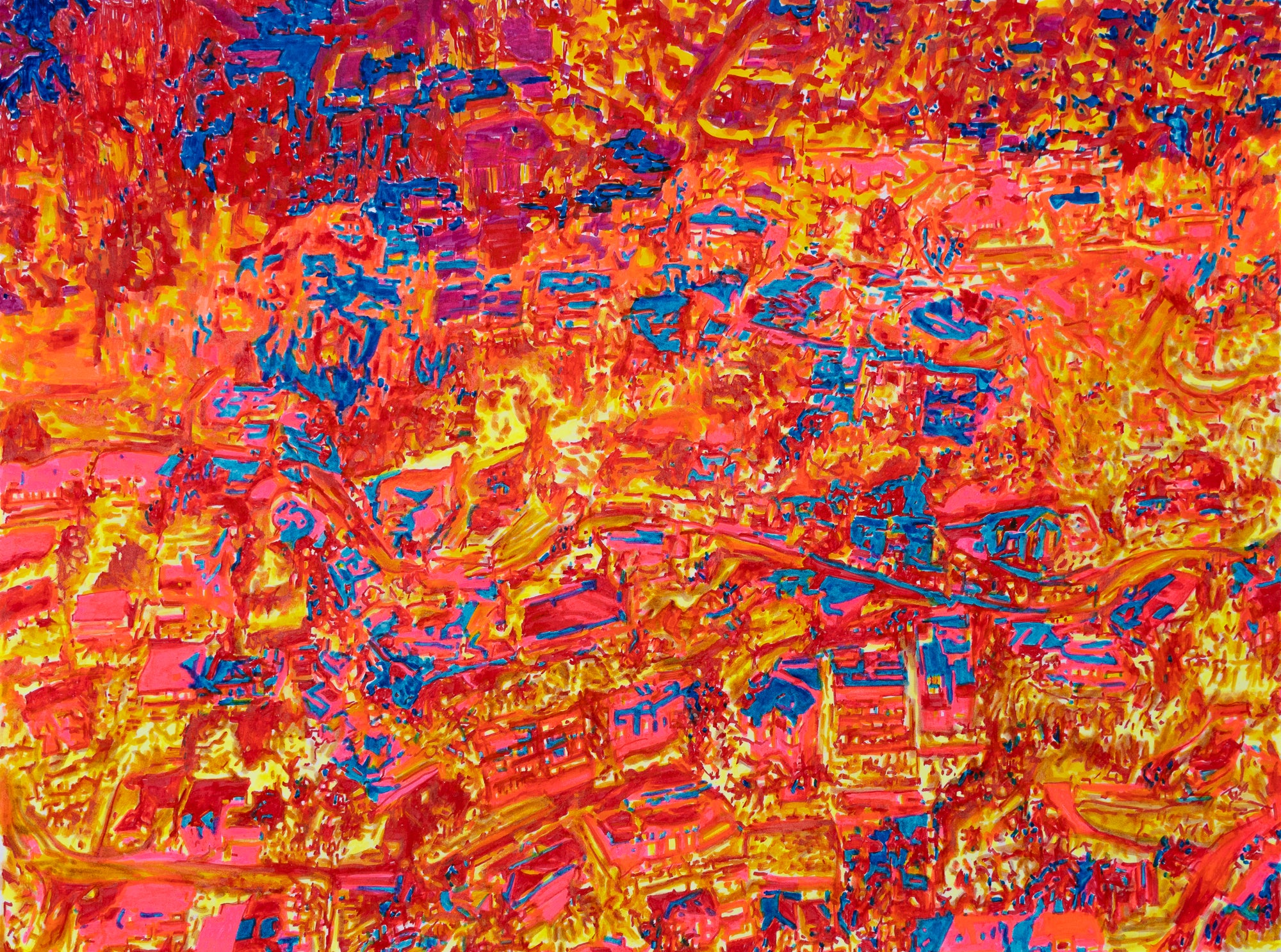 Abstract Contemporary Digital Figurative Psychedelic Surrealism 'HILLSIDE L.A. NEIGHBORHOOD FROM ABOVE' Michael Shaw