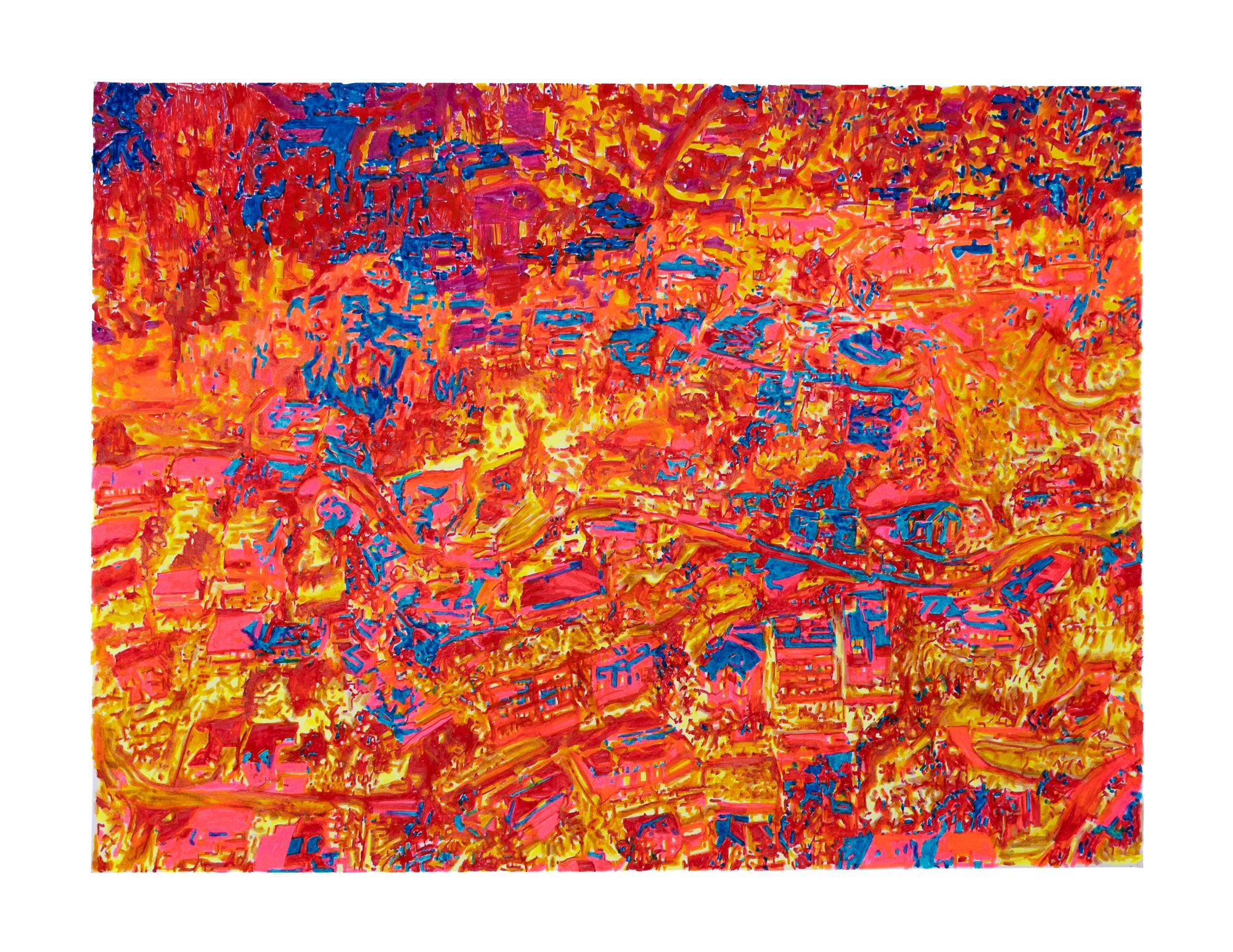 Abstract Contemporary Digital Figurative Psychedelic Surrealism 'HILLSIDE L.A. NEIGHBORHOOD FROM ABOVE' Michael Shaw
