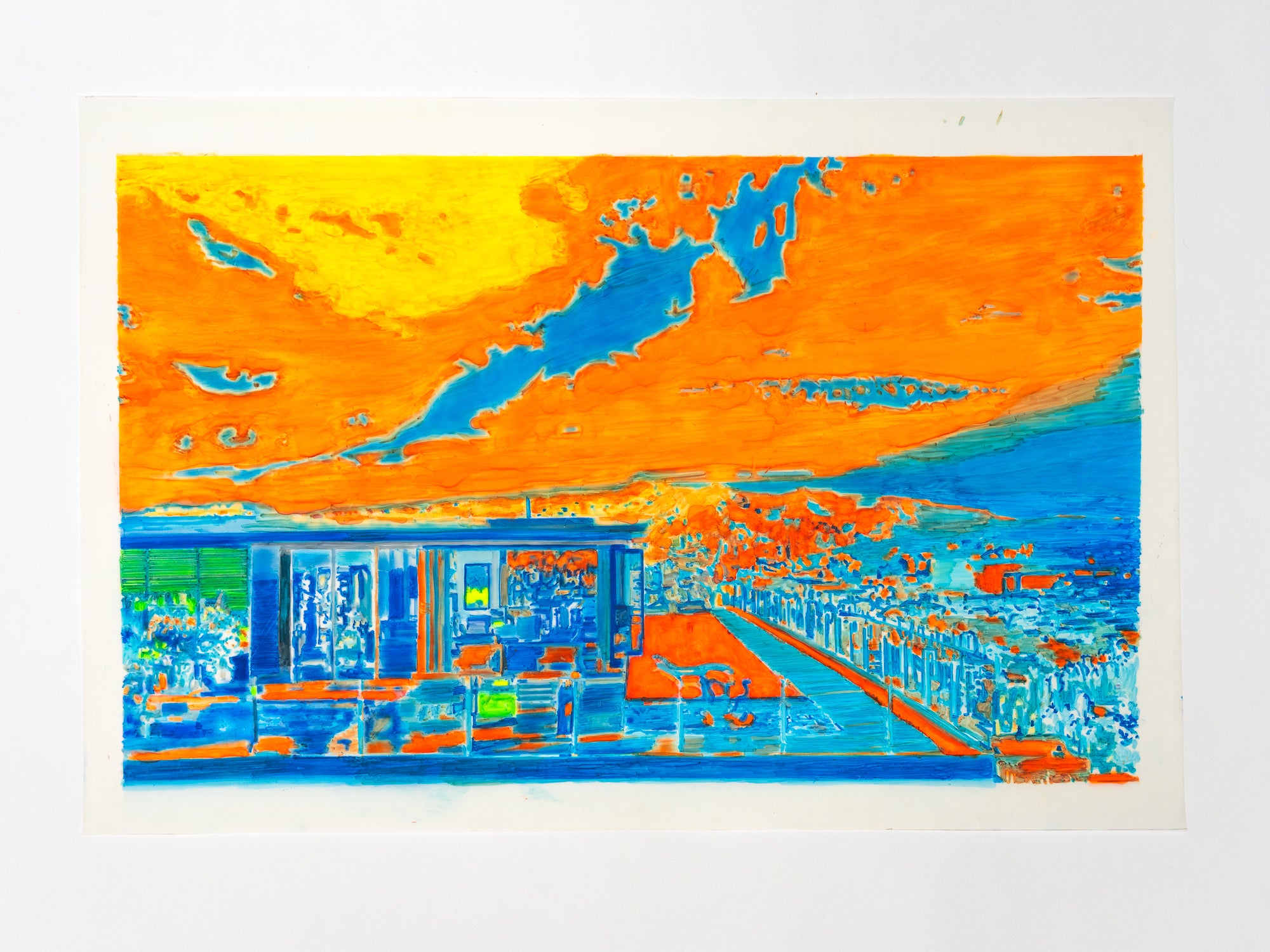 Abstract Contemporary Digital Figurative Psychedelic Surrealism 'ONELA (ROOF DECK WITH POOL, TRANSPARENCY)' Michael Shaw