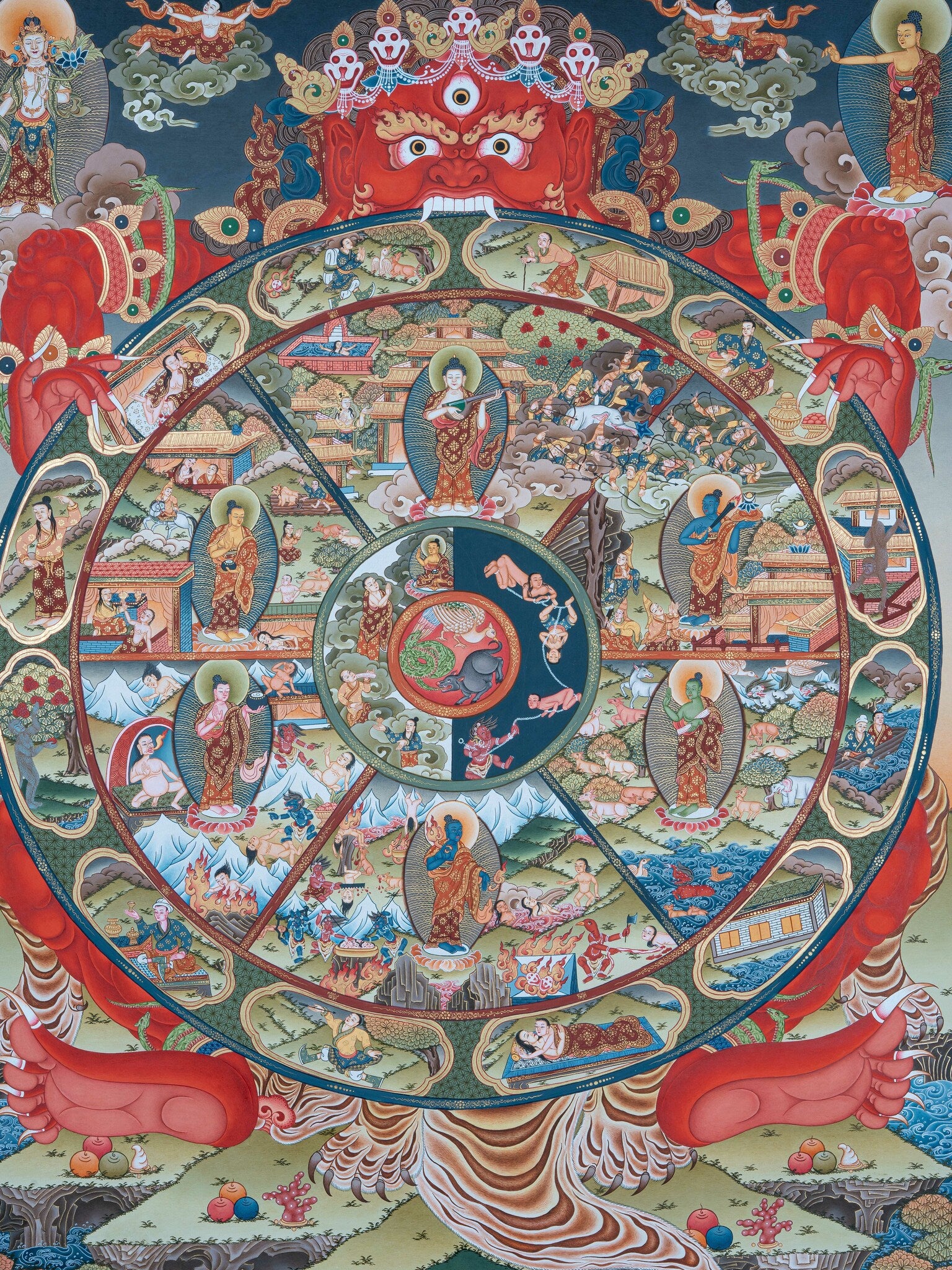 Design Figurative Painting Psychedelic Thanka Visionary 'WHEEL OF LIFE' Boudha Stupa Thanka Center