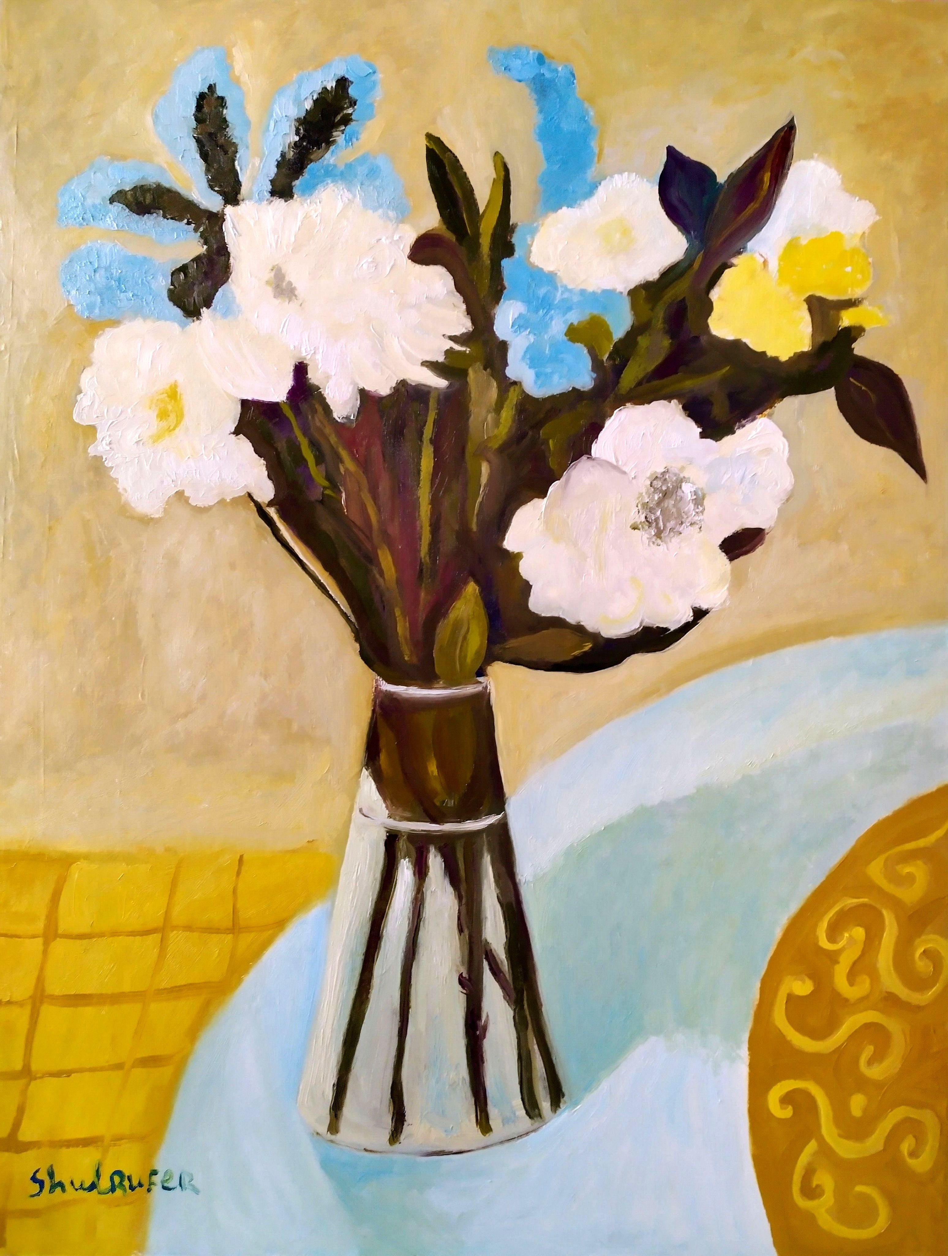 Figurative 'STILL LIFE WITH BLUE FLOWERS' - Oil Painting Janna Shulrufer