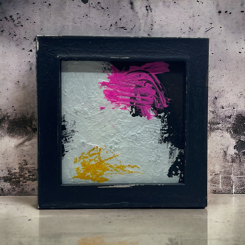 Abstract Mixed Media Painting 'BLACK & PINK TG8' - Original Miniature Framed Abstract Art Painting Sam Lewis