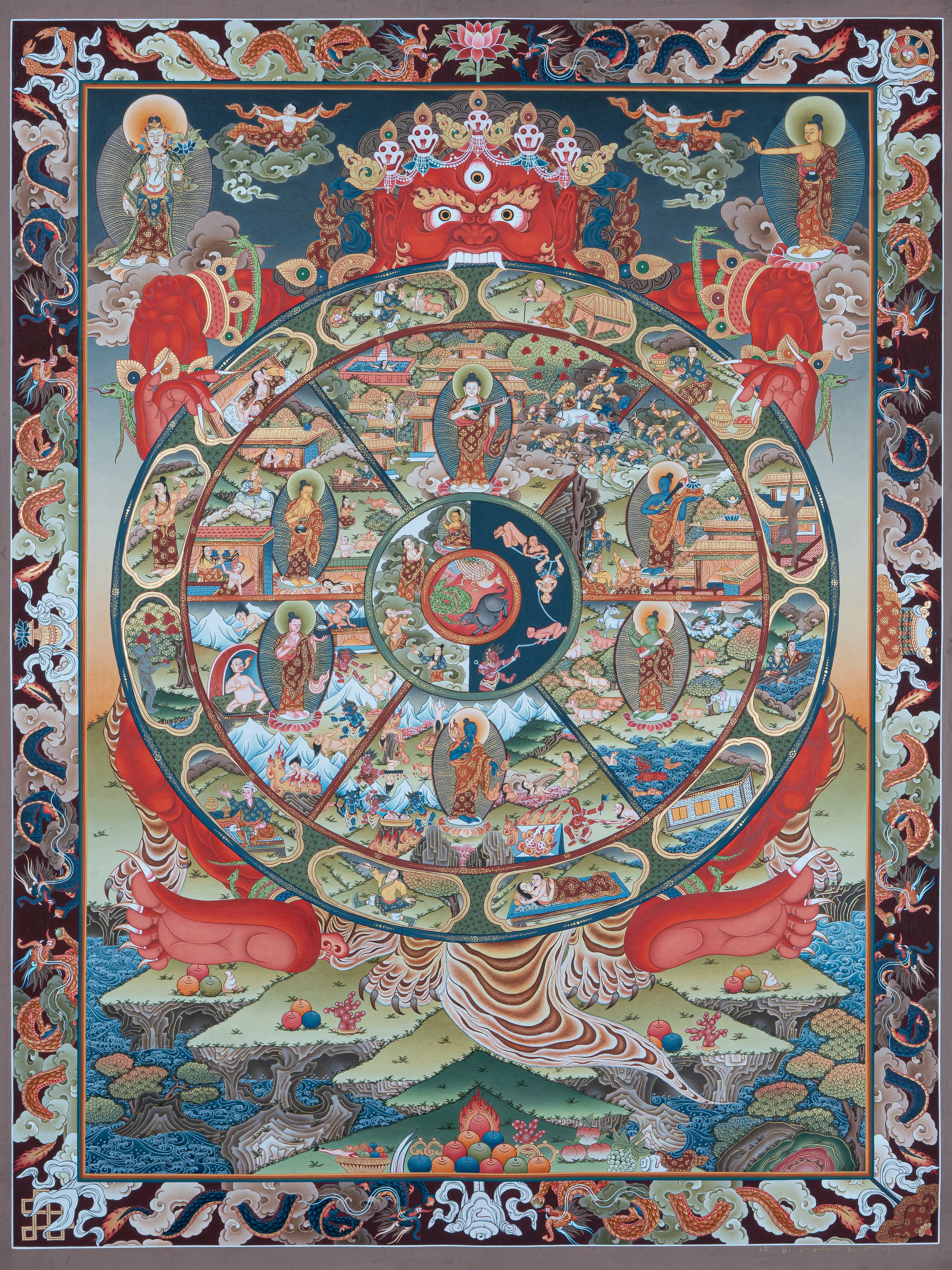 Design Figurative Painting Psychedelic Thanka Visionary 'WHEEL OF LIFE' Boudha Stupa Thanka Center