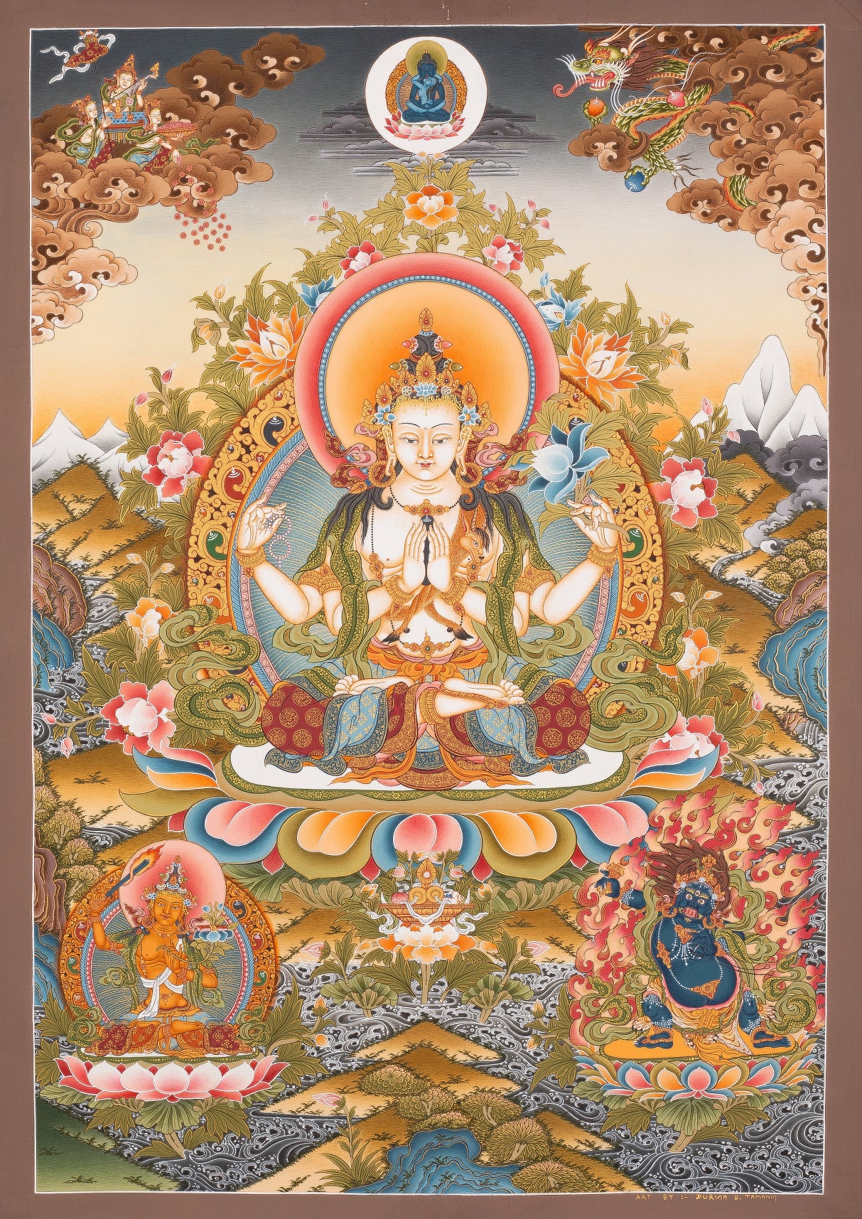Design Figurative Painting Psychedelic Thanka Visionary 'CHENREZIG' Boudha Stupa Thanka Center