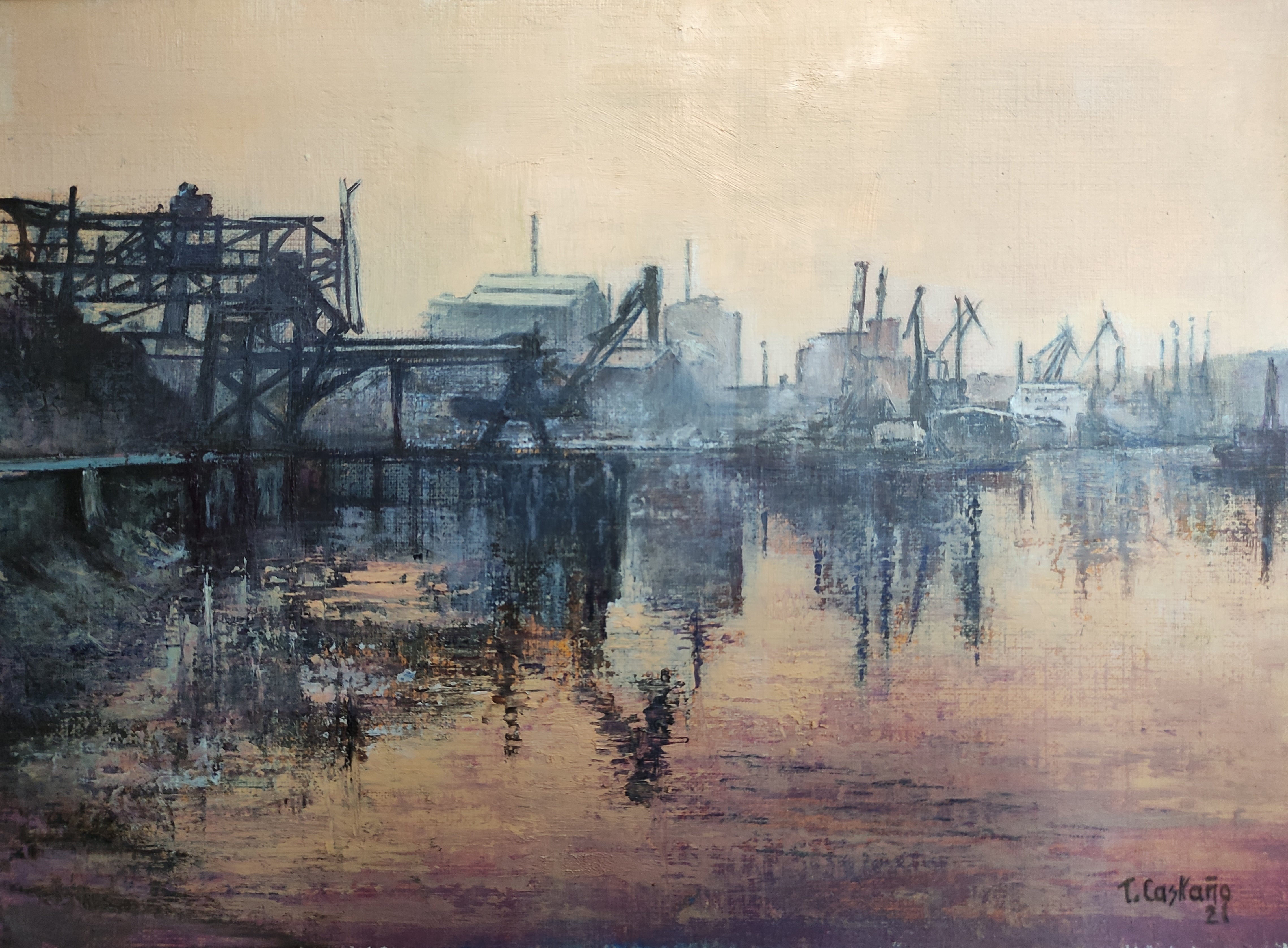 Figurative Oil Painting 'BILBAO INDUSTRIAL' - Oil on paper Tomas Castano