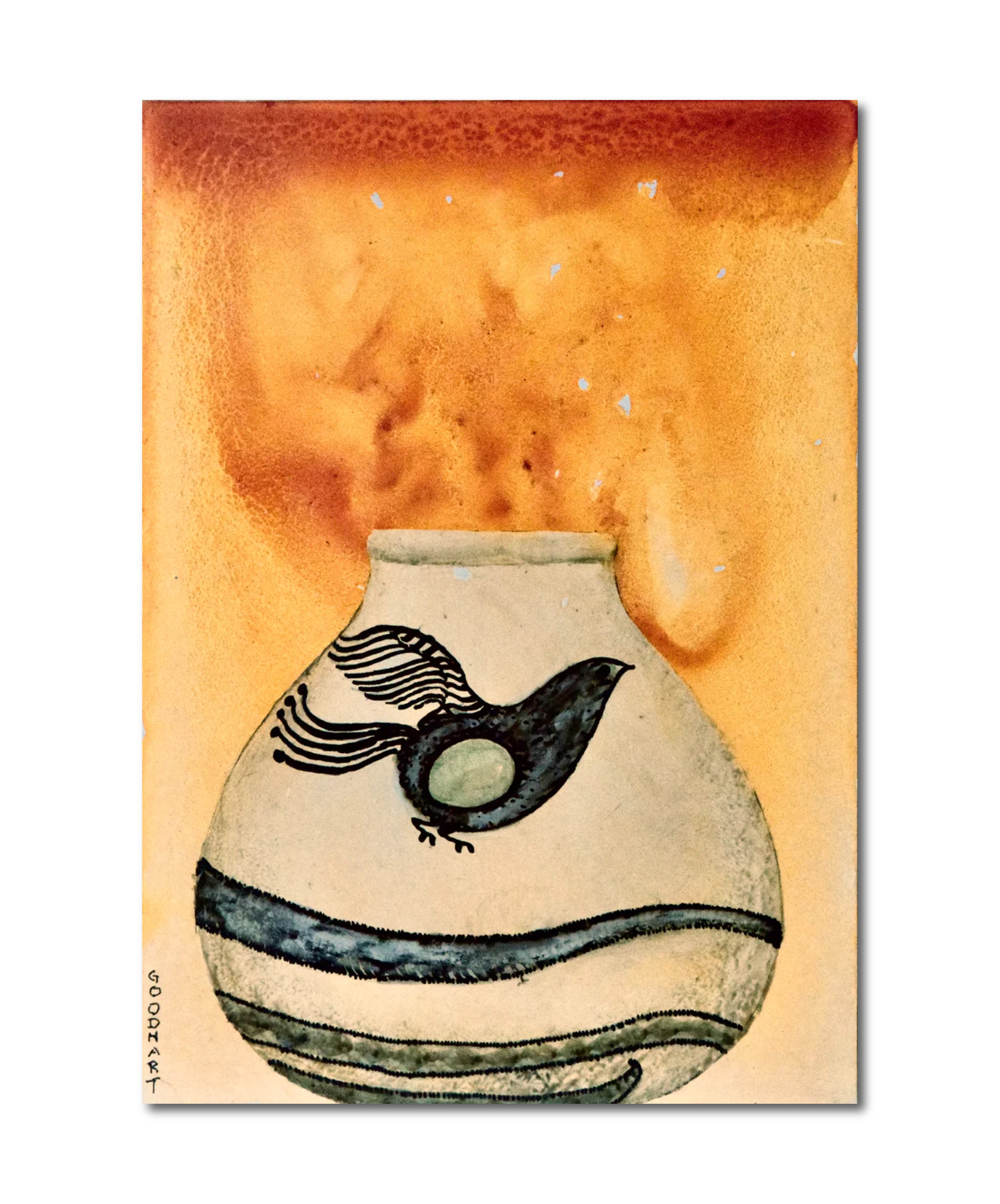 Figurative Ink Oil Watercolor 'BIRD VESSEL' - Mixed Media on Panel Laurie Goodhart