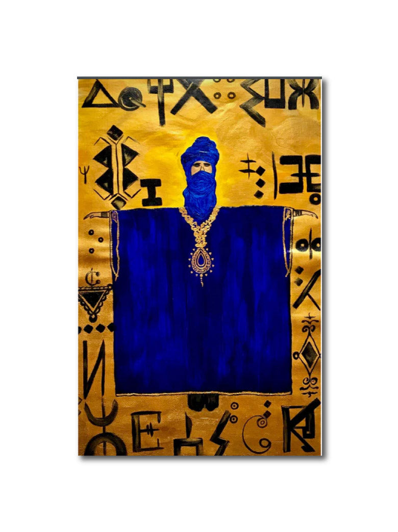 Contemporary Figurative 'BLUE TWAREG IN GOLDEN DUNES' - Acrylic on canvas, varnish Elena Suprema