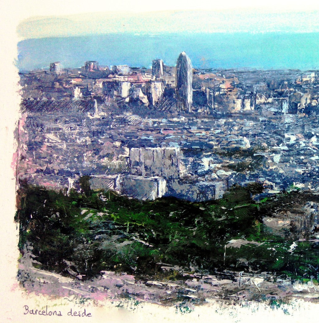 Figurative Oil Painting 'BARCELONA FROM TIBIDABO' - Oil on paper Tomas Castano