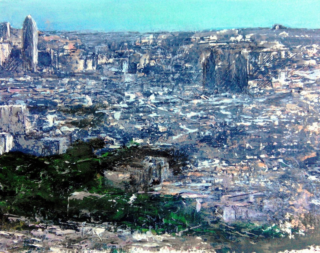 Figurative Oil Painting 'BARCELONA FROM TIBIDABO' - Oil on paper Tomas Castano