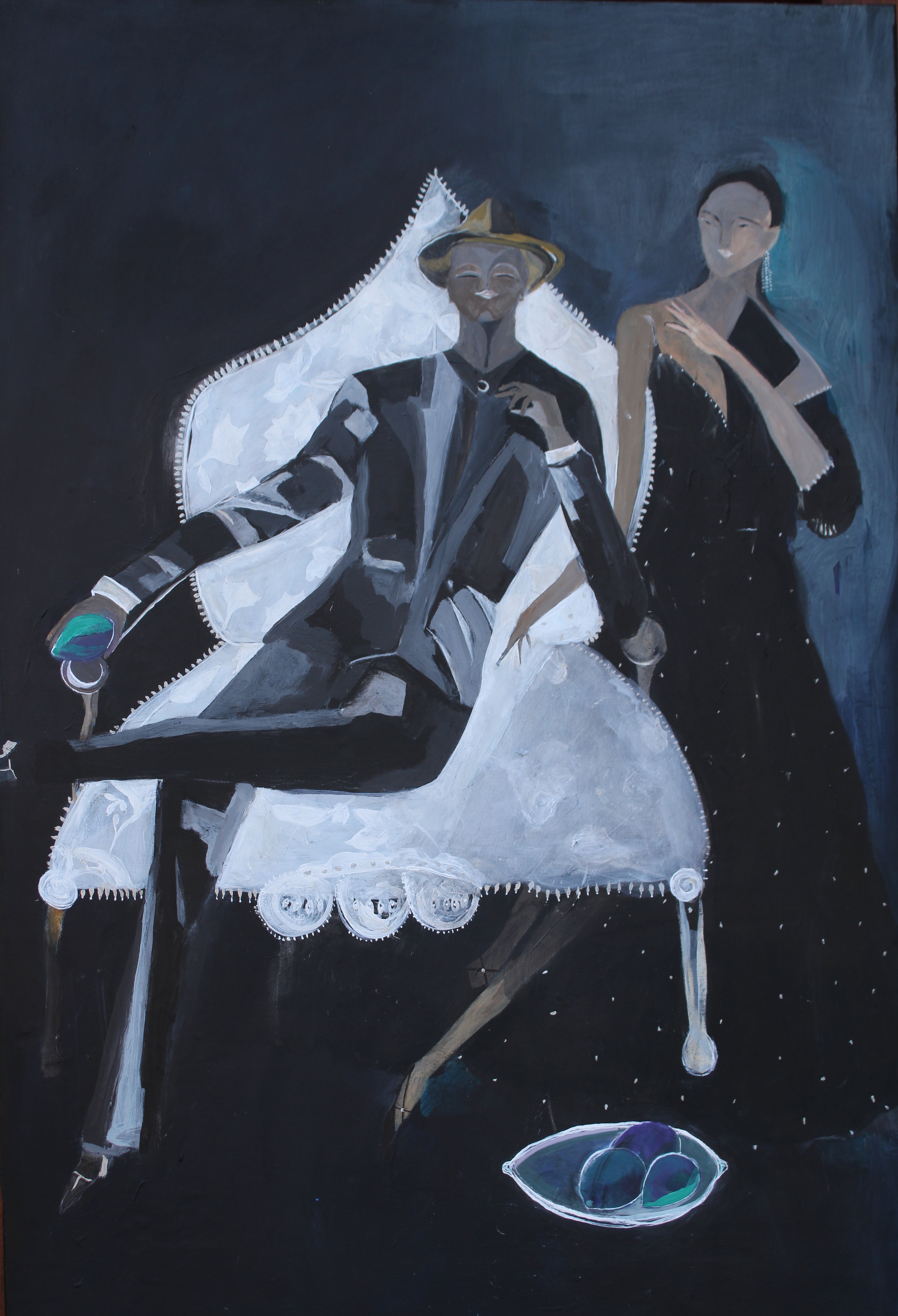 Acrylic 'WHITE CHAIR, BLACK DRESS, AND A PLUM' - Acrylic on Board Marcia Biasiello