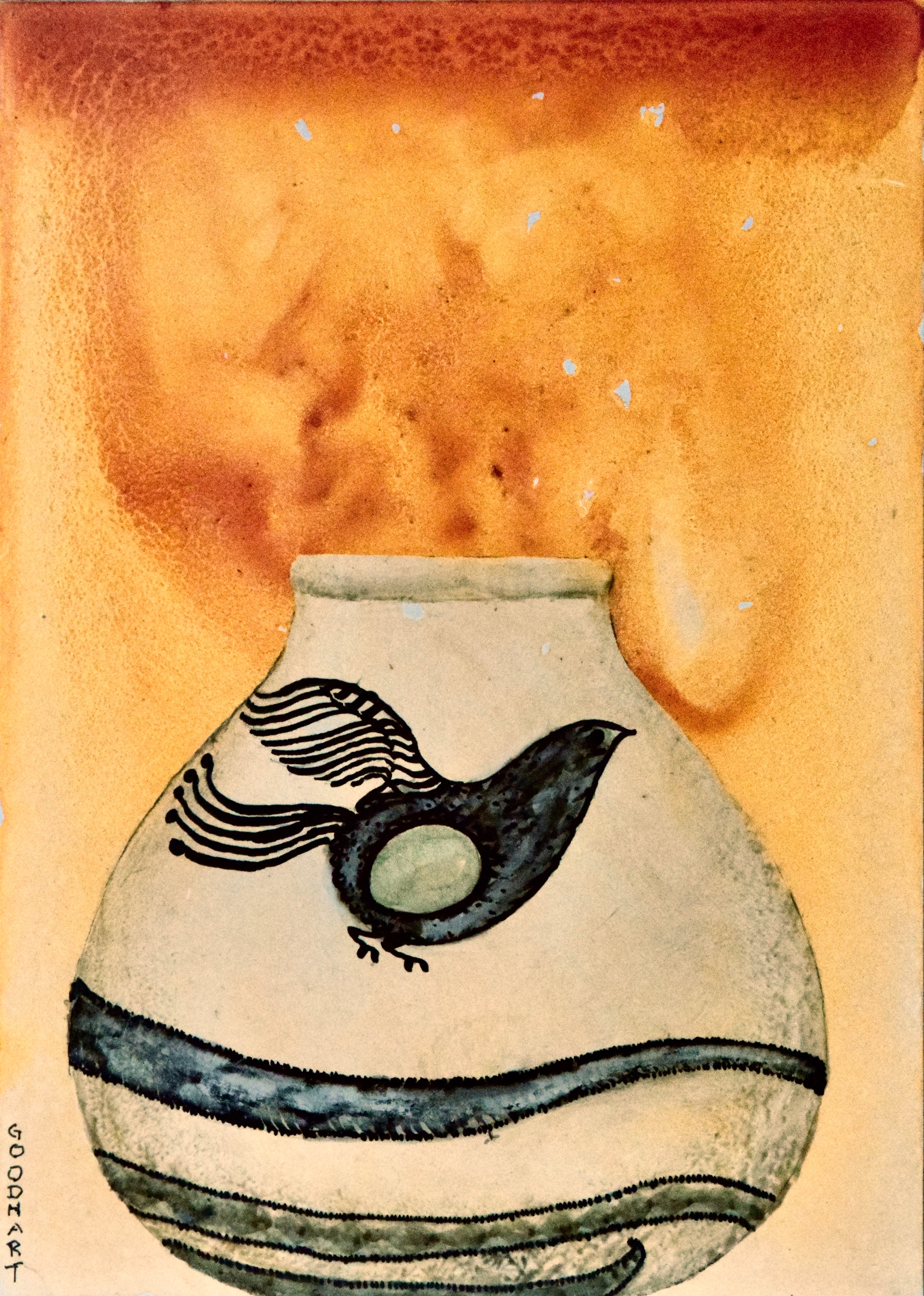 Figurative Ink Oil Watercolor 'BIRD VESSEL' - Mixed Media on Panel Laurie Goodhart