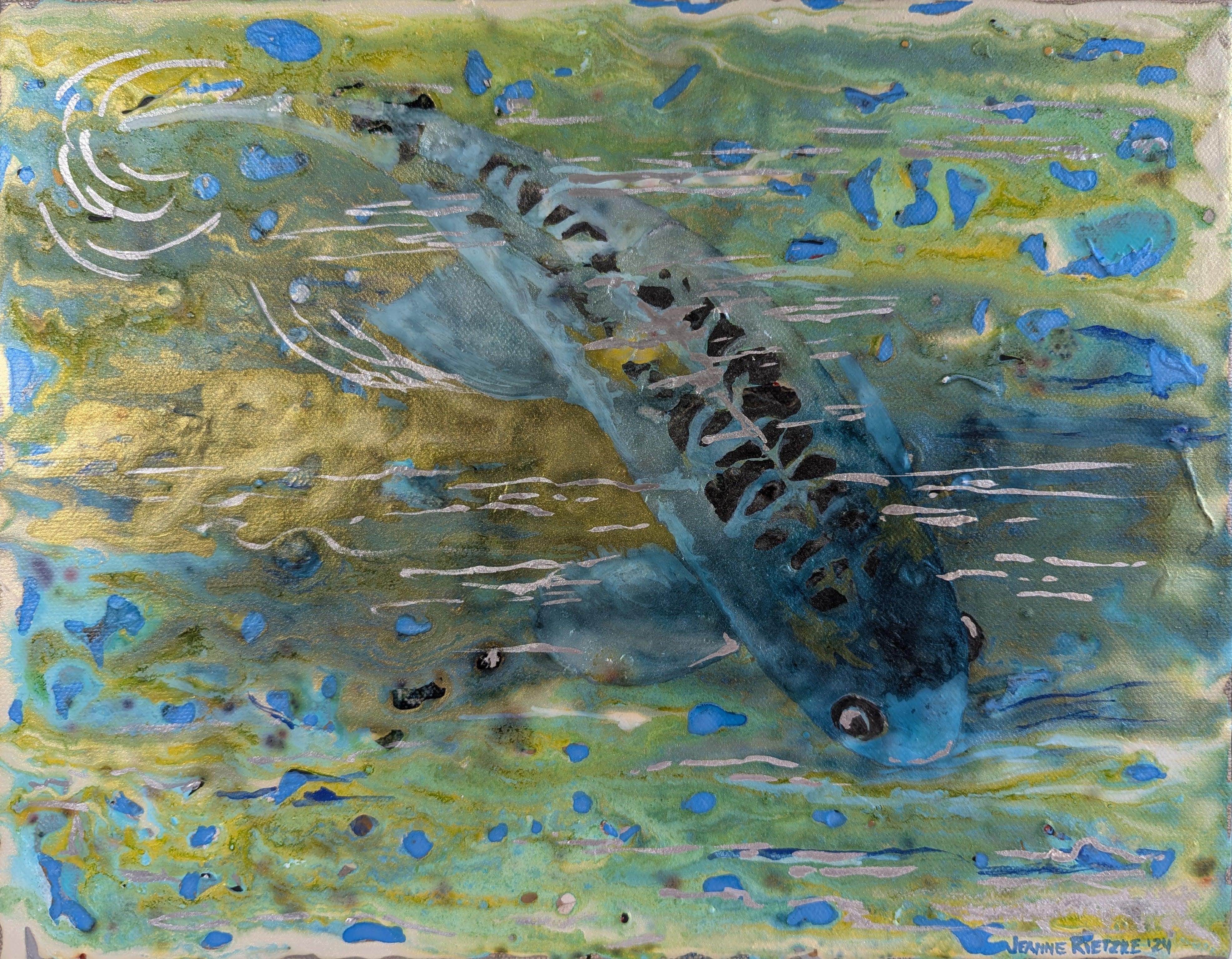 Acrylic Contemporary Ink Mixed Media Blue Koi Jeanne McIntosh Rietzke
