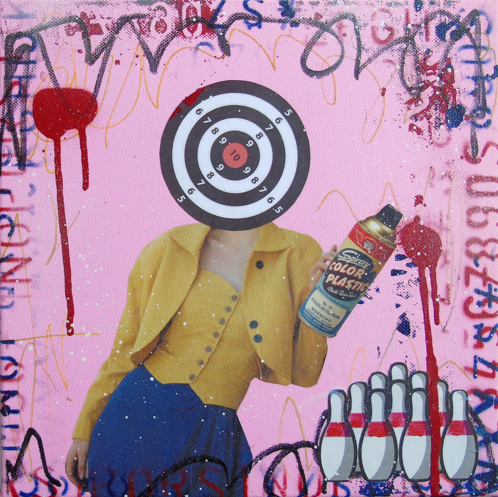 Abstract Acrylic Collage Contemporary Expressionist Figurative Surrealism Visionary 'BOWLED OVER' - Mixed media on canvas Lorette C. Luzajic