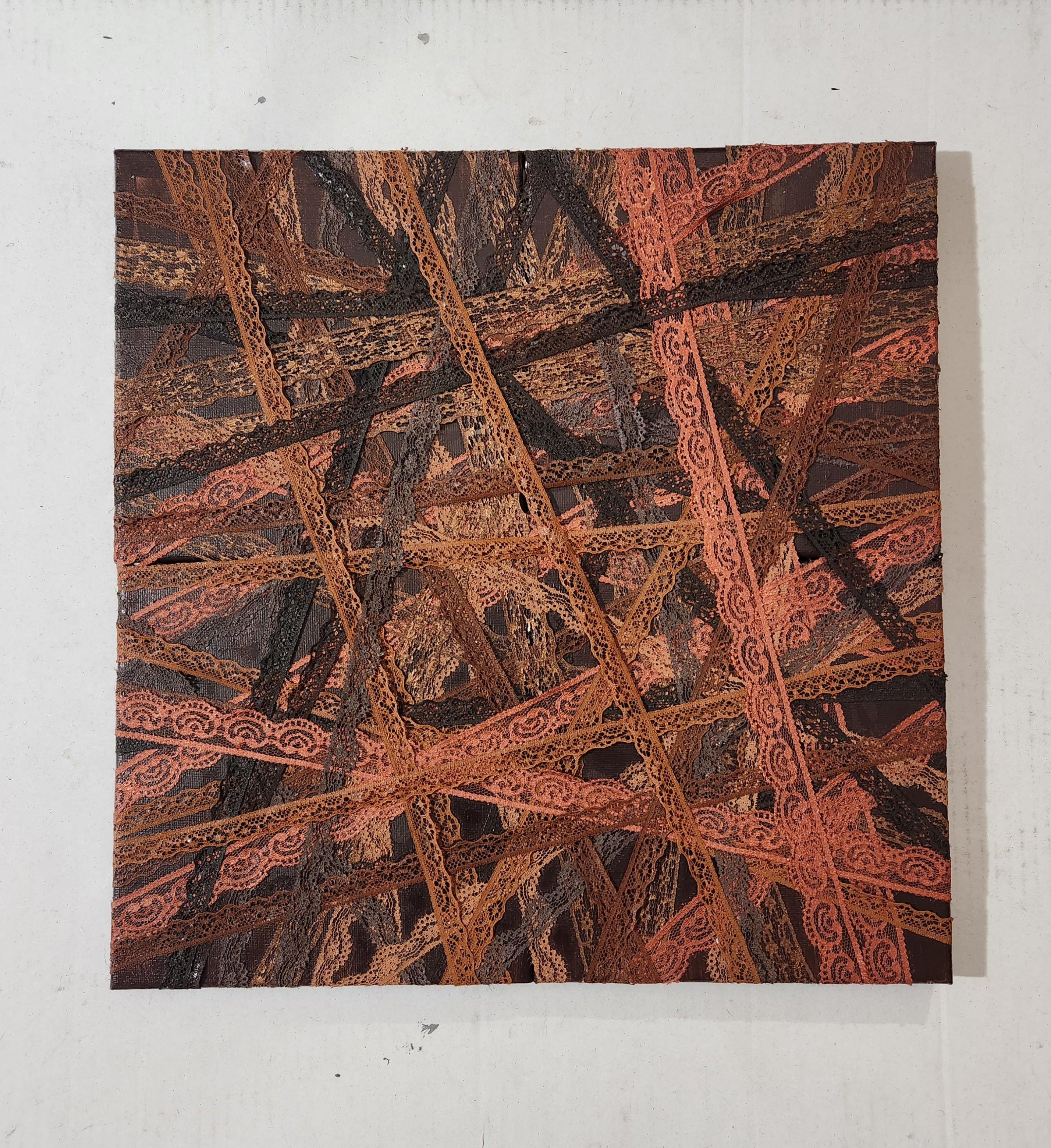 Abstract Acrylic Contemporary Painting 'BROWN WEBS' Acrylic, Lace, and Mixed Media on Canvas Ulani Curry