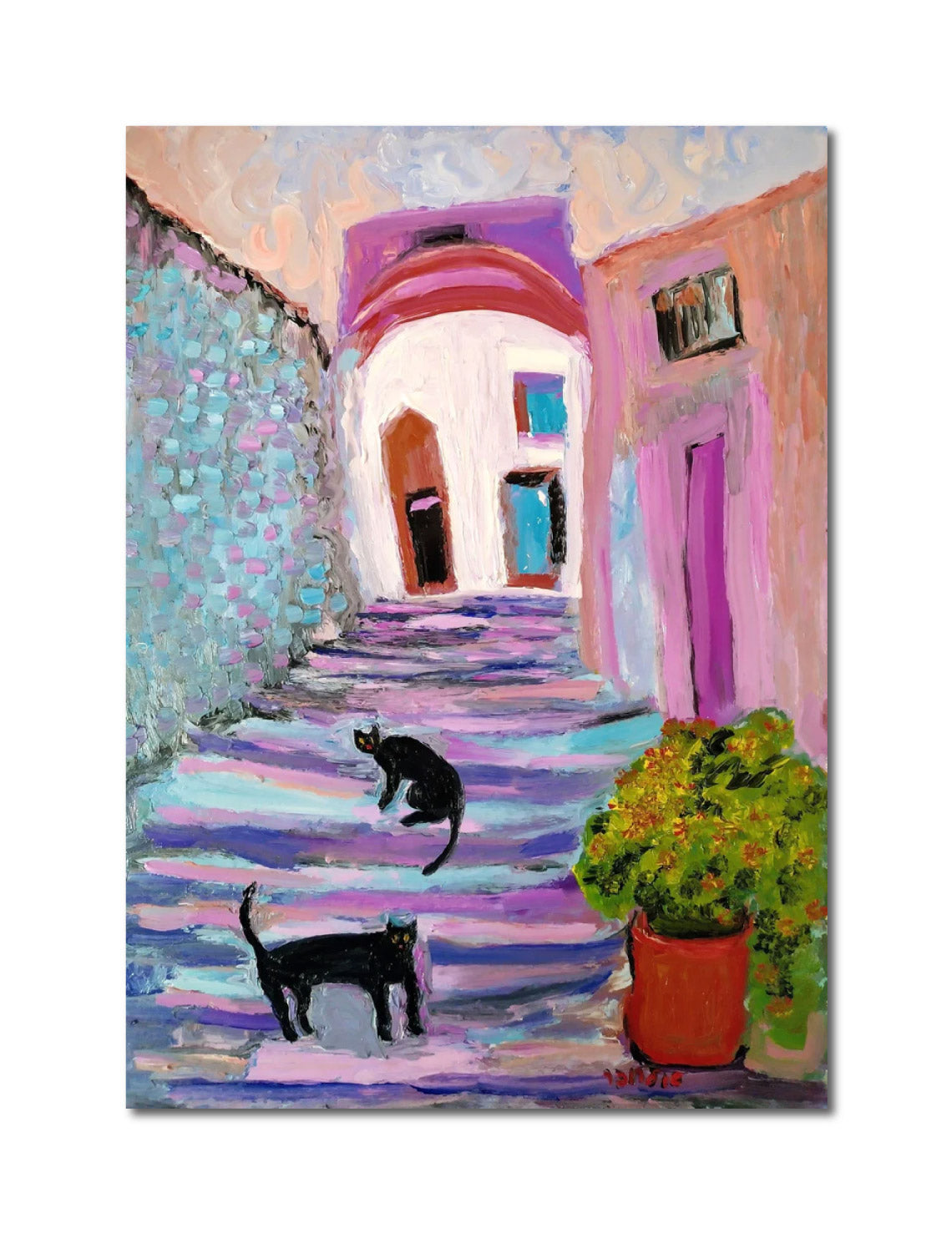 Landscape 'CATS IN THE STREET' - Oil Painting Janna Shulrufer