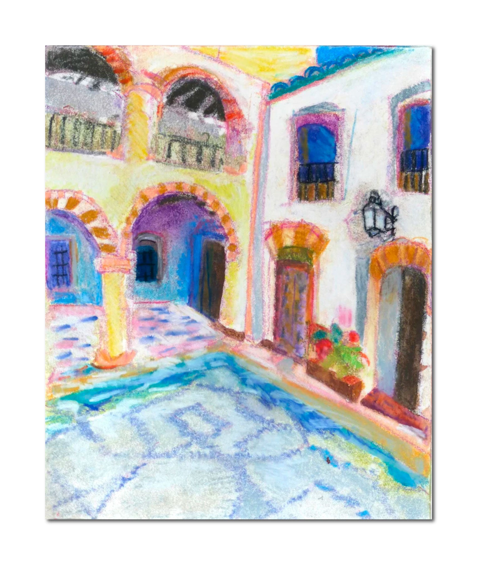 Pencil Watercolor 'COURTYARD WITH BLUE MOSAICS' - Handmade Original Monoprint with Watercolor and Pencil Ellen Pliskin
