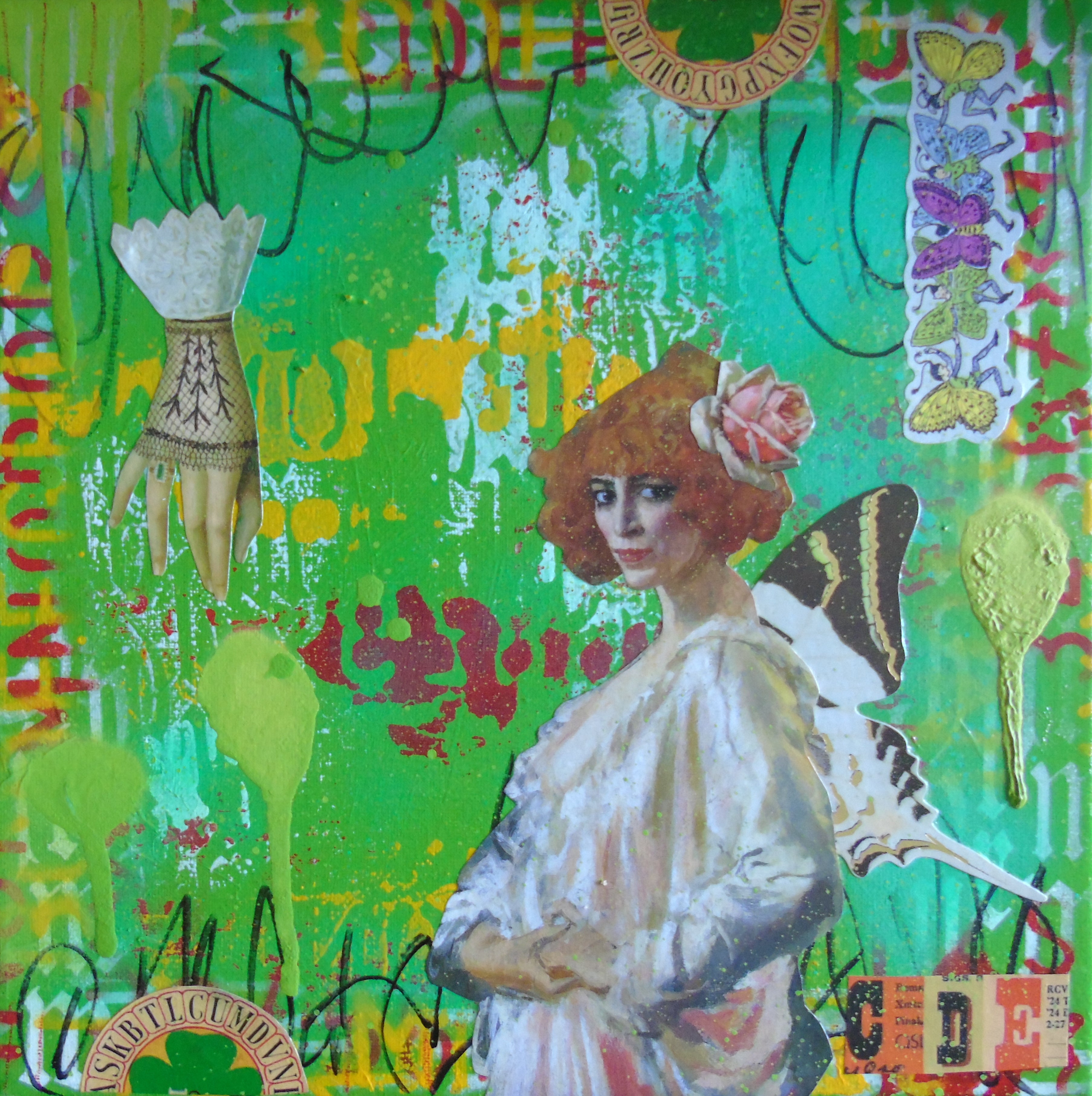 Abstract Acrylic Collage Contemporary Expressionist Figurative Surrealism Visionary 'CASATI BUTTERFLY' - Mixed media on canvas Lorette C. Luzajic