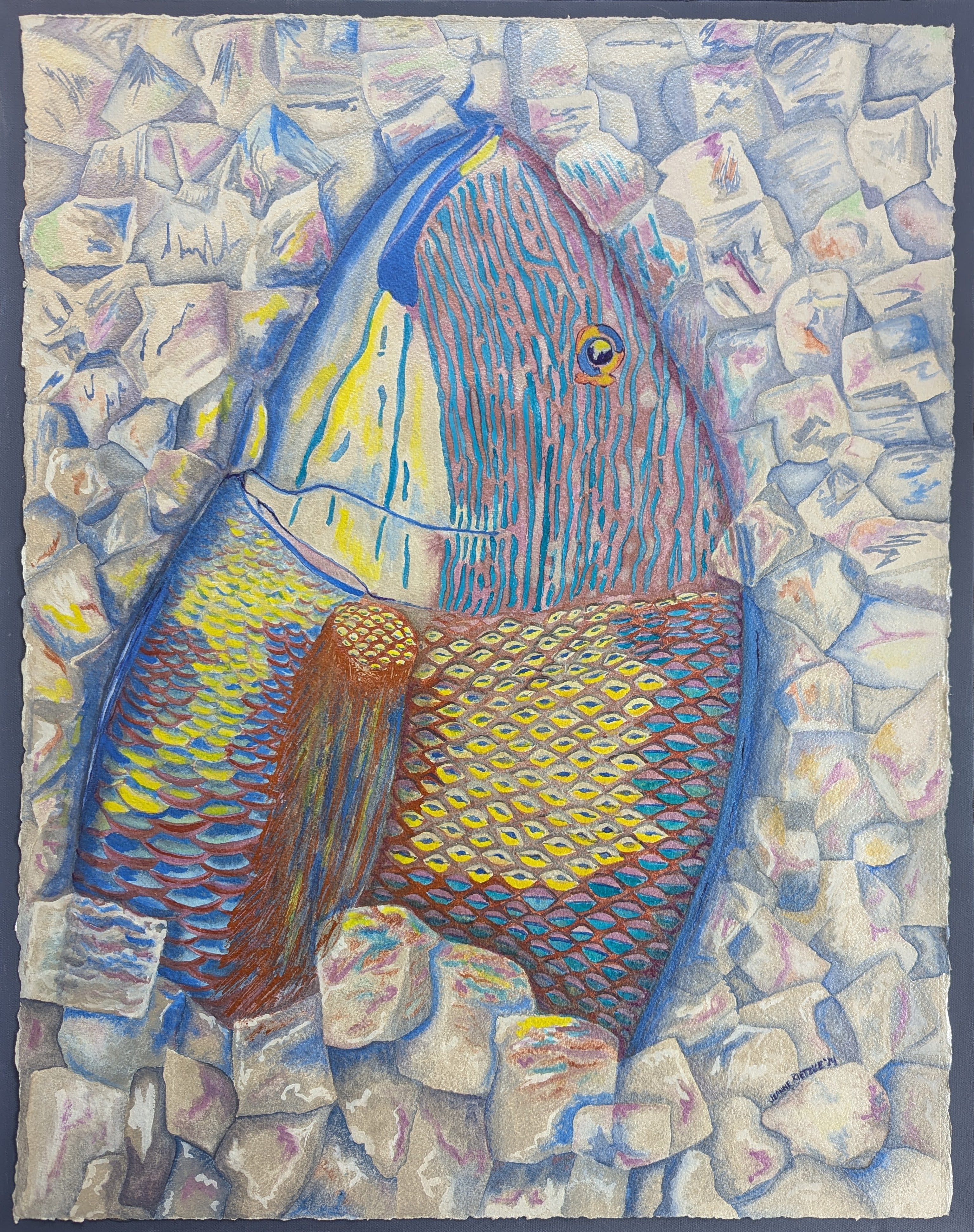 Contemporary Mixed Media Painting Watercolor Catch of the Day Jeanne McIntosh Rietzke