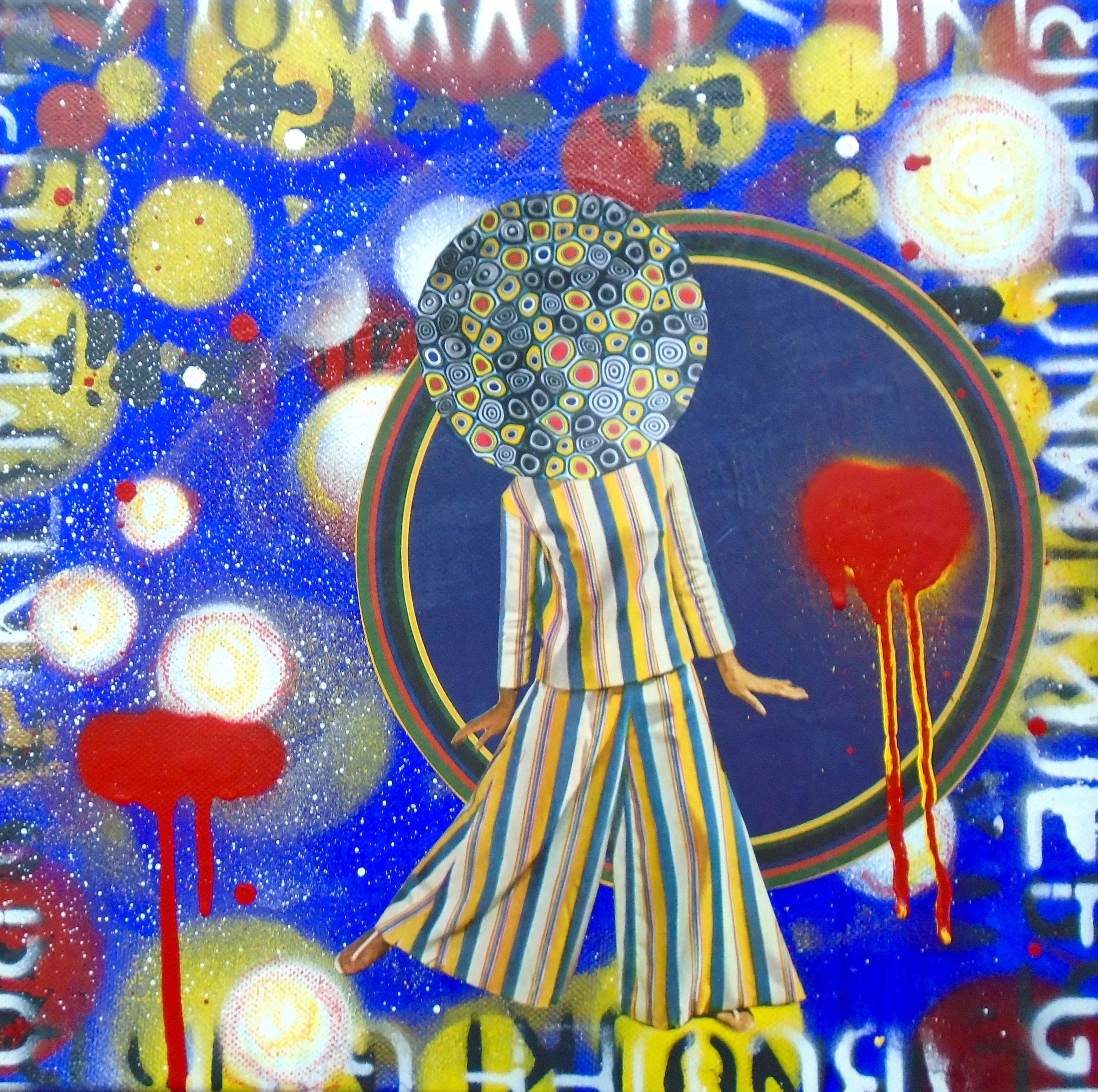 Abstract Acrylic Collage Contemporary Expressionist Figurative Surrealism Visionary 'CIRCLES AND STRIPES' - Mixed media on canvas Lorette C. Luzajic