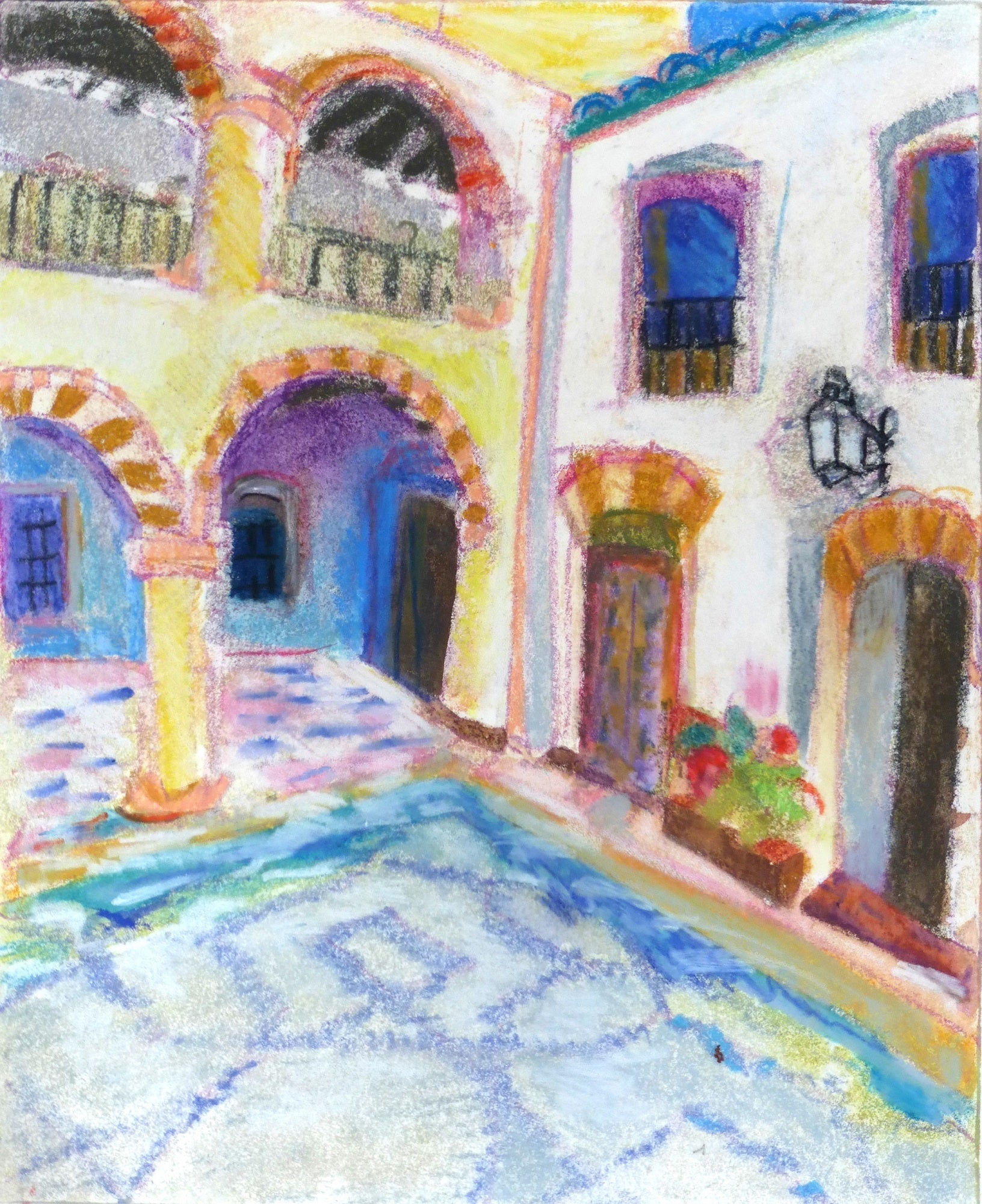 Pencil Watercolor 'COURTYARD WITH BLUE MOSAICS' - Handmade Original Monoprint with Watercolor and Pencil Ellen Pliskin