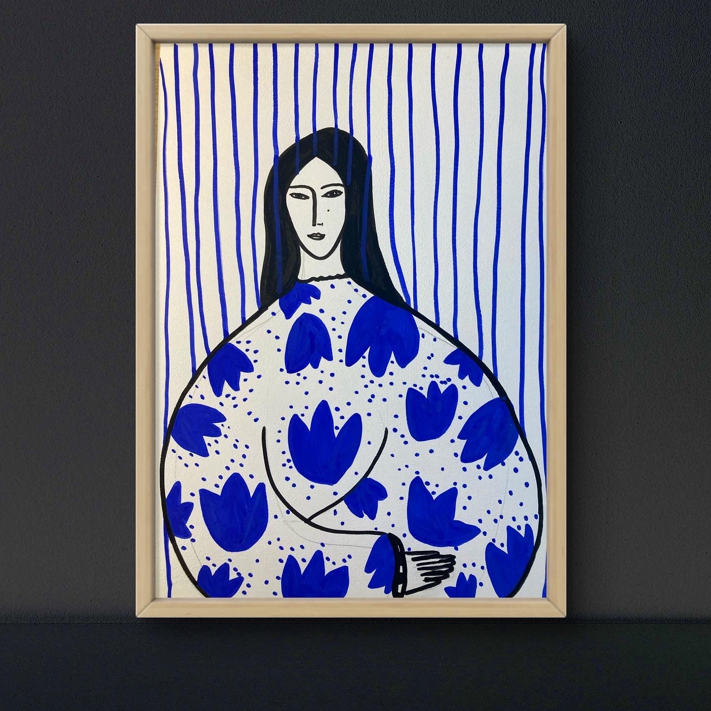 Draw Drawing Illustration 'FEMME EN BLEUE' - Acrylic Pen on Aquarelle Paper Nina Fourton