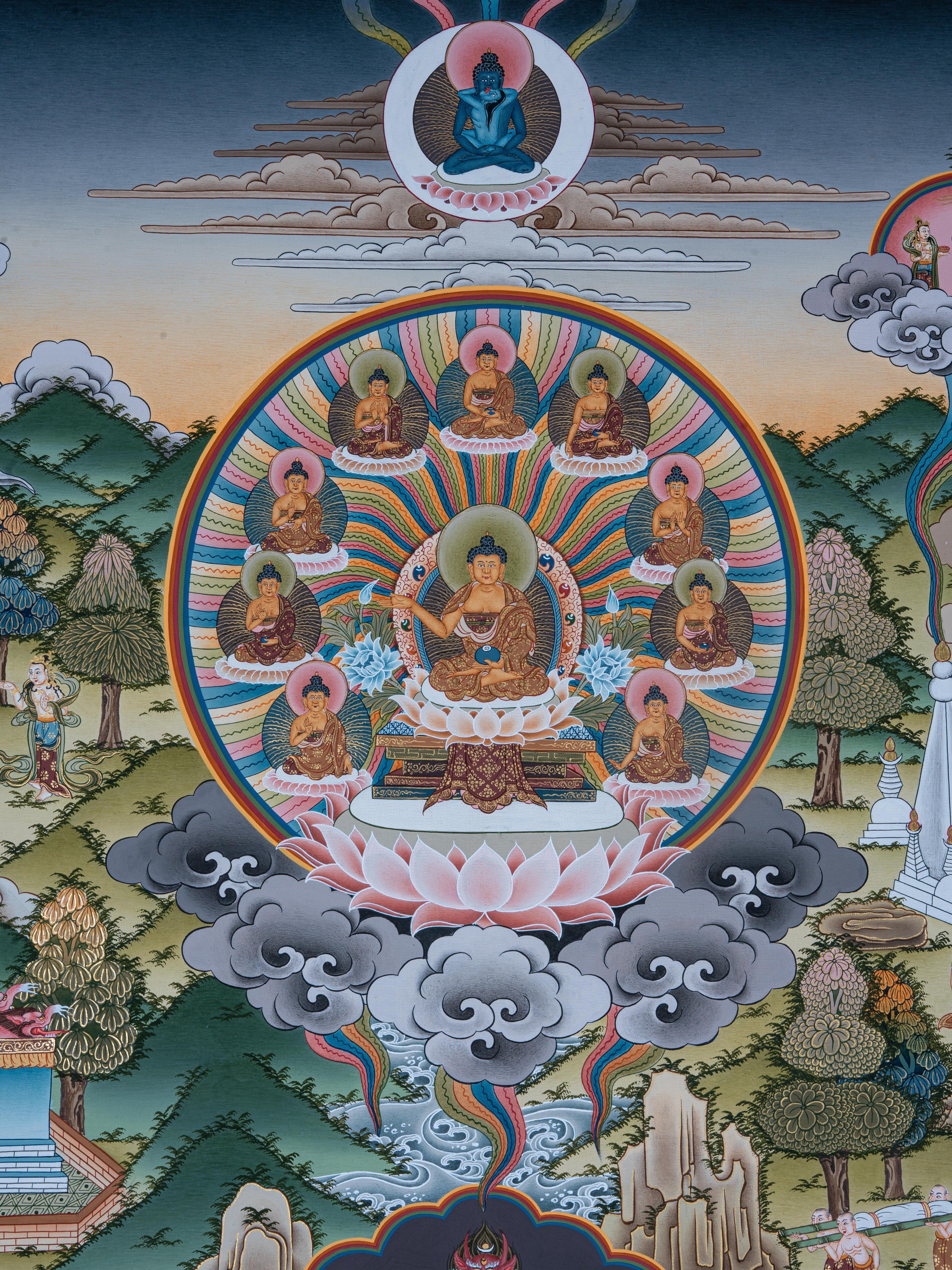 Design Figurative Painting Psychedelic Thanka Visionary 'LIFE OF BUDDHA' Boudha Stupa Thanka Center