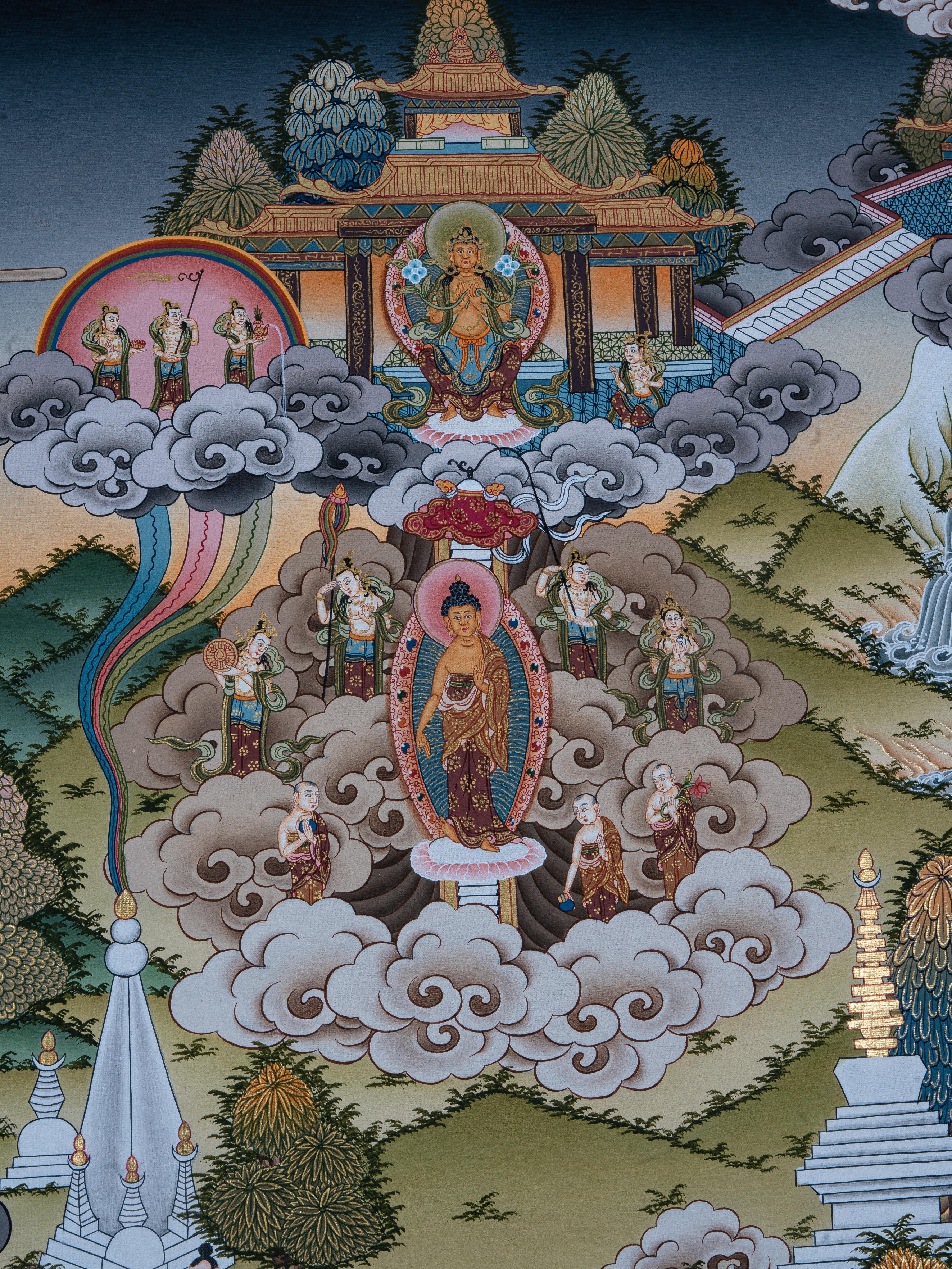 Design Figurative Painting Psychedelic Thanka Visionary 'LIFE OF BUDDHA' Boudha Stupa Thanka Center