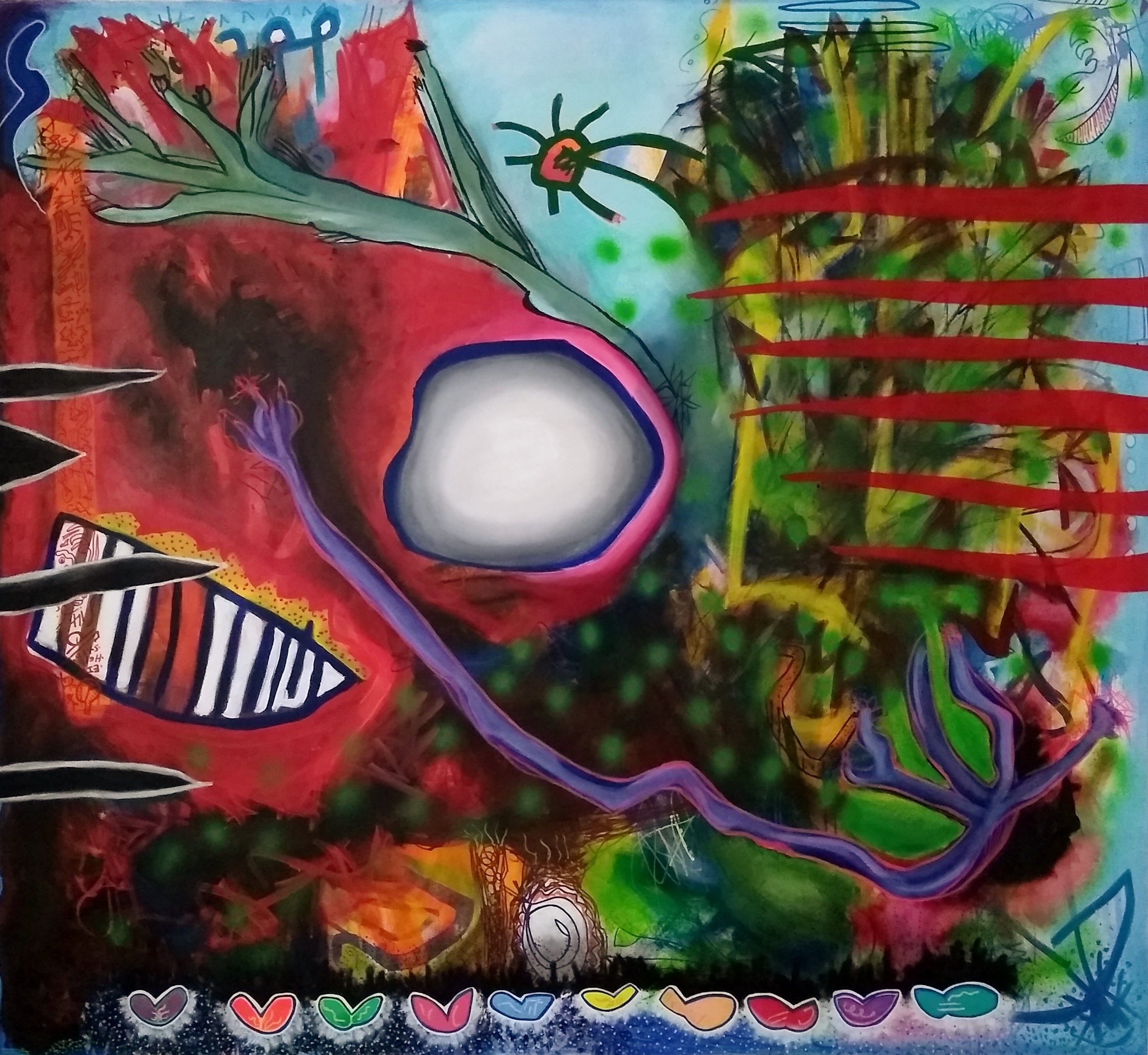 Acrylic Oil Painting 'HOWLING ANGER TREE' - Acrylic, Spray Paint, Metal Leaf, Oil Stick on Canvas Debra Lapatina