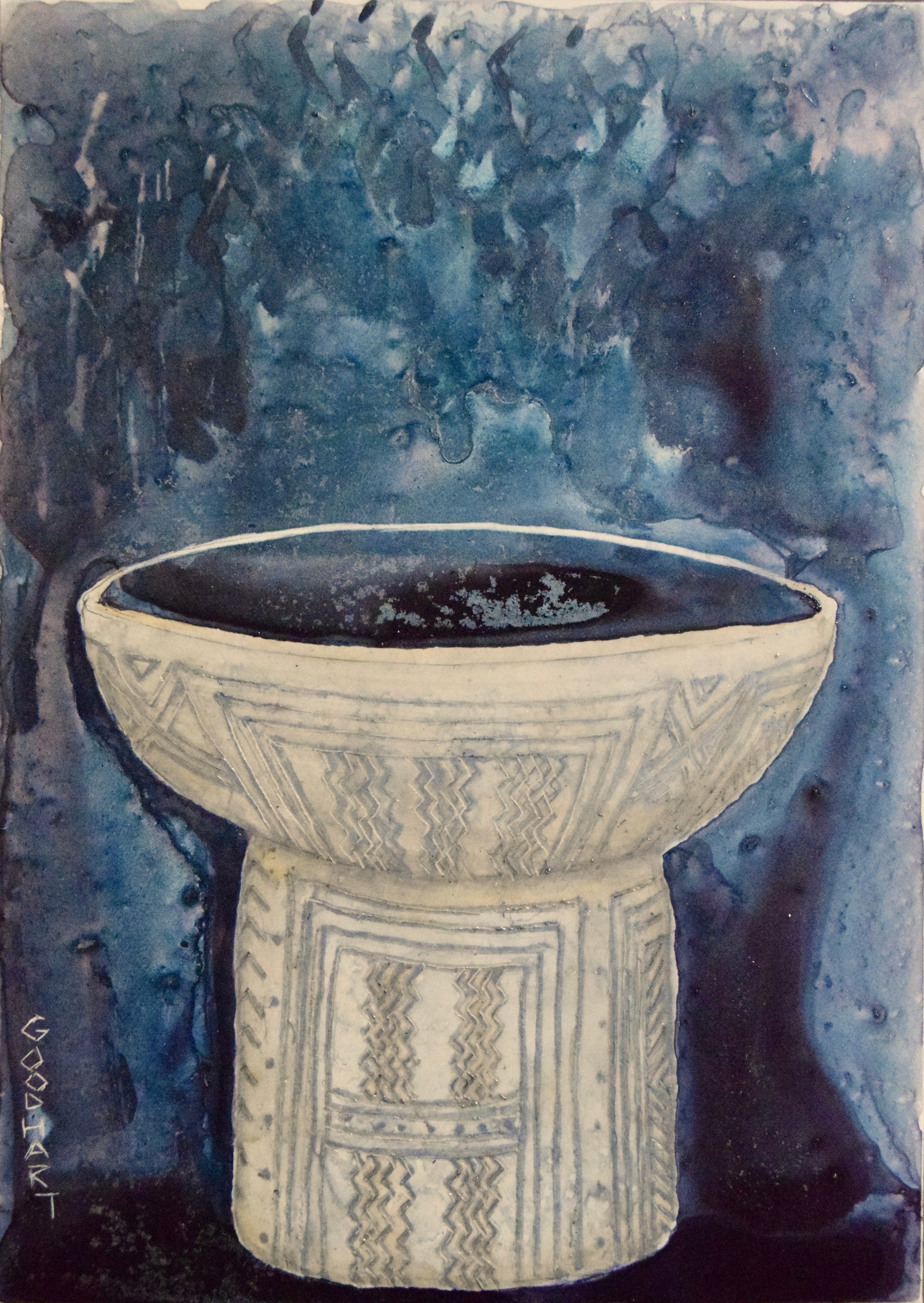 Figurative Ink Oil Watercolor 'ETCHED FOOTED CUP' - Mixed Media on Panel Laurie Goodhart