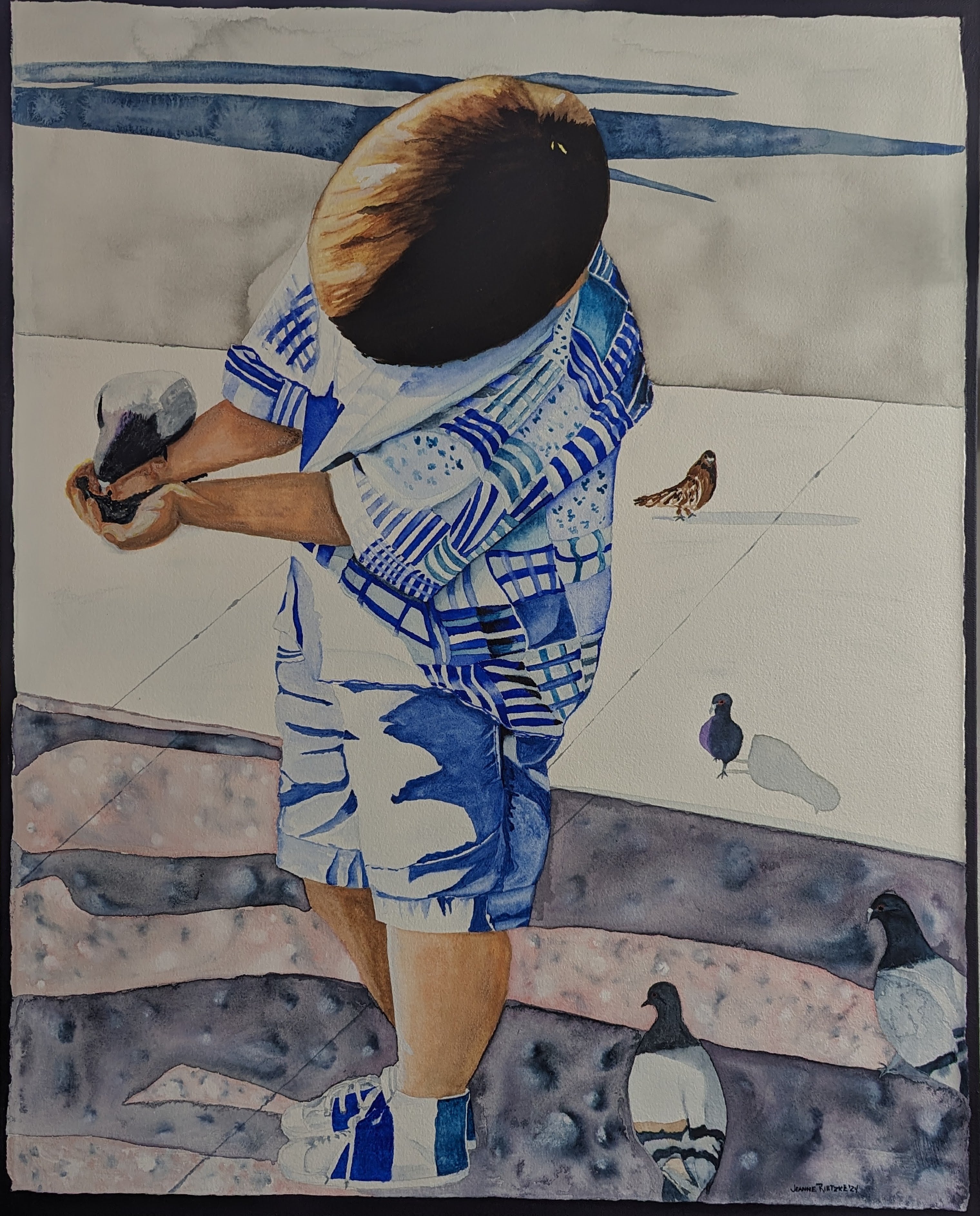 Contemporary Painting Watercolor Feeding The Birds, Barcelona Jeanne McIntosh Rietzke