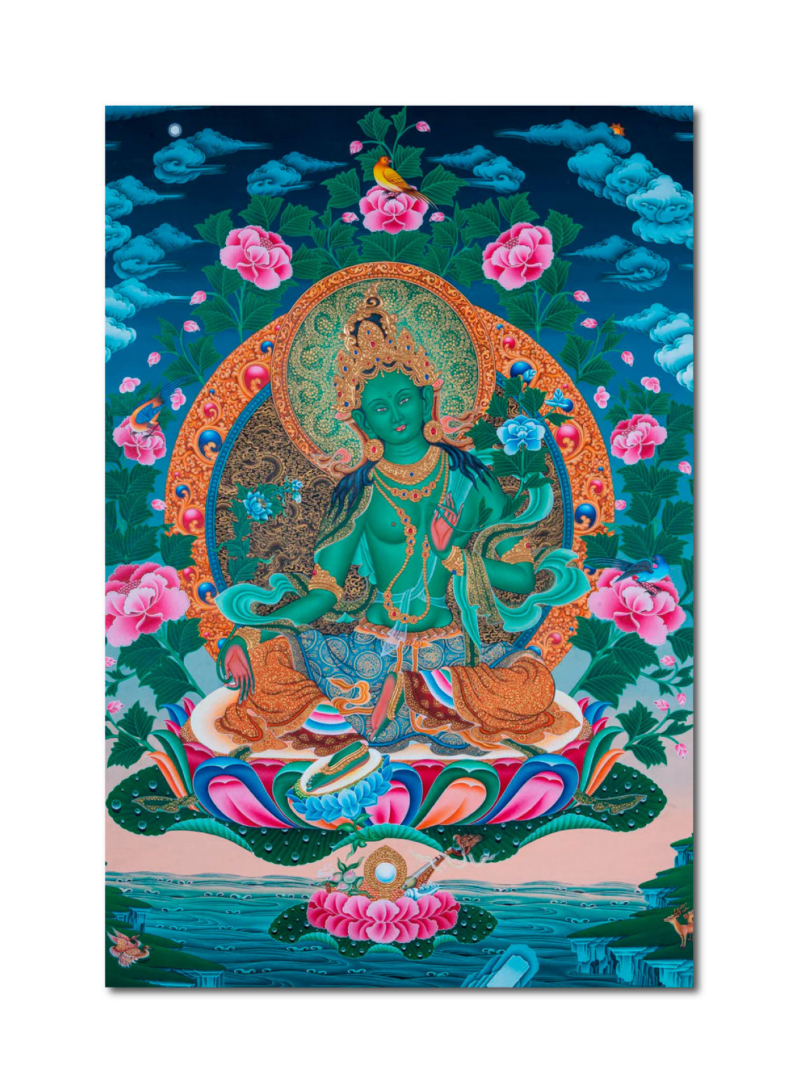 Design Figurative Painting Psychedelic Thanka Visionary 'GREEN TARA' Boudha Stupa Thanka Center