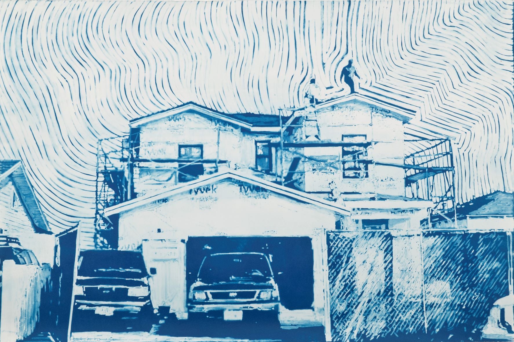 Abstract Contemporary Digital Figurative Psychedelic Surrealism 'GRAND VIEW- 2 TRUCKS, TWO WORKERS ON ROOF' - Cyanotype on Paper Michael Shaw