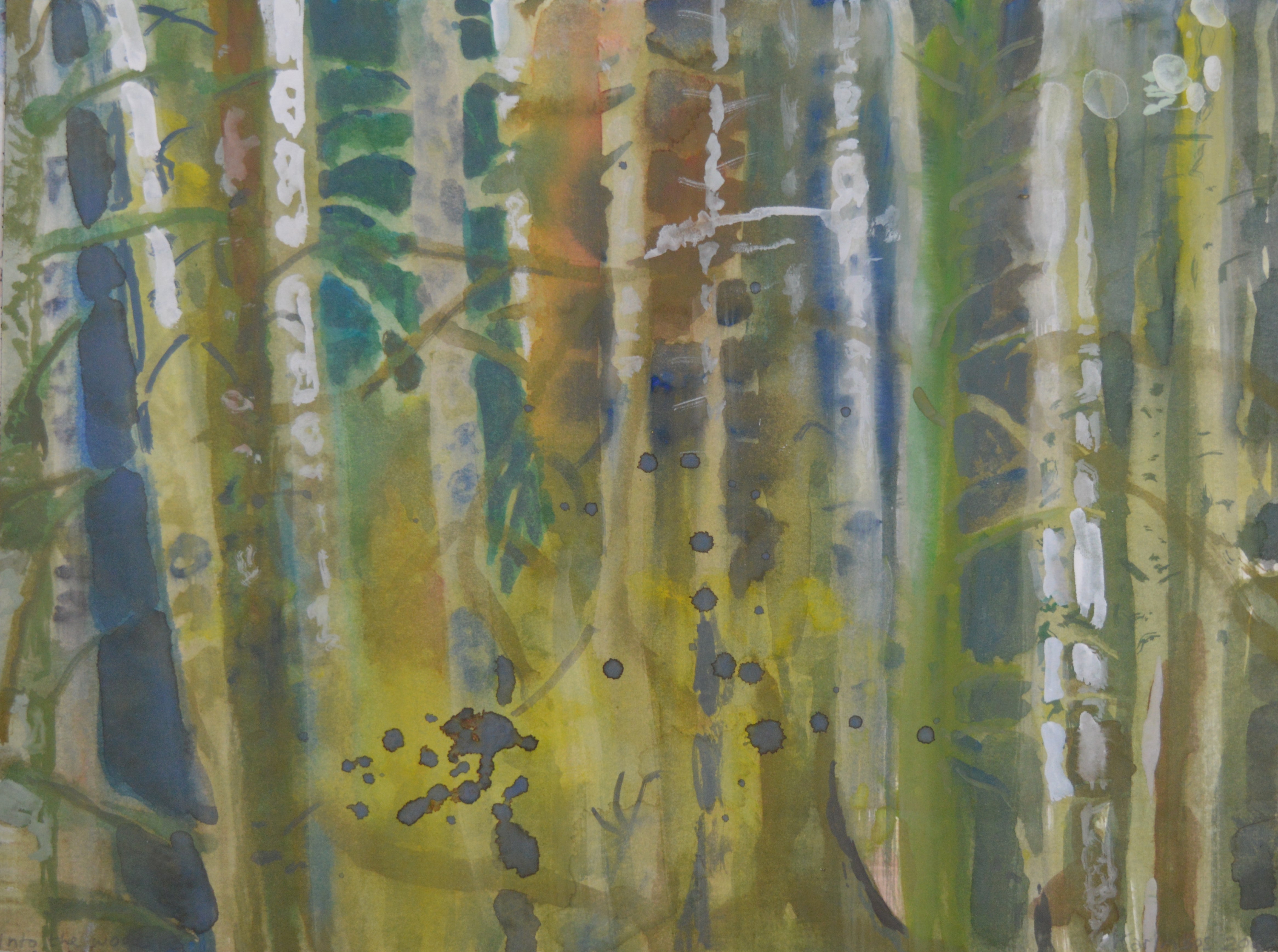 Contemporary Figurative Landscape Painting Watercolor 'INTO THE WOODS 3' - Gouache on Paper Karin Bos