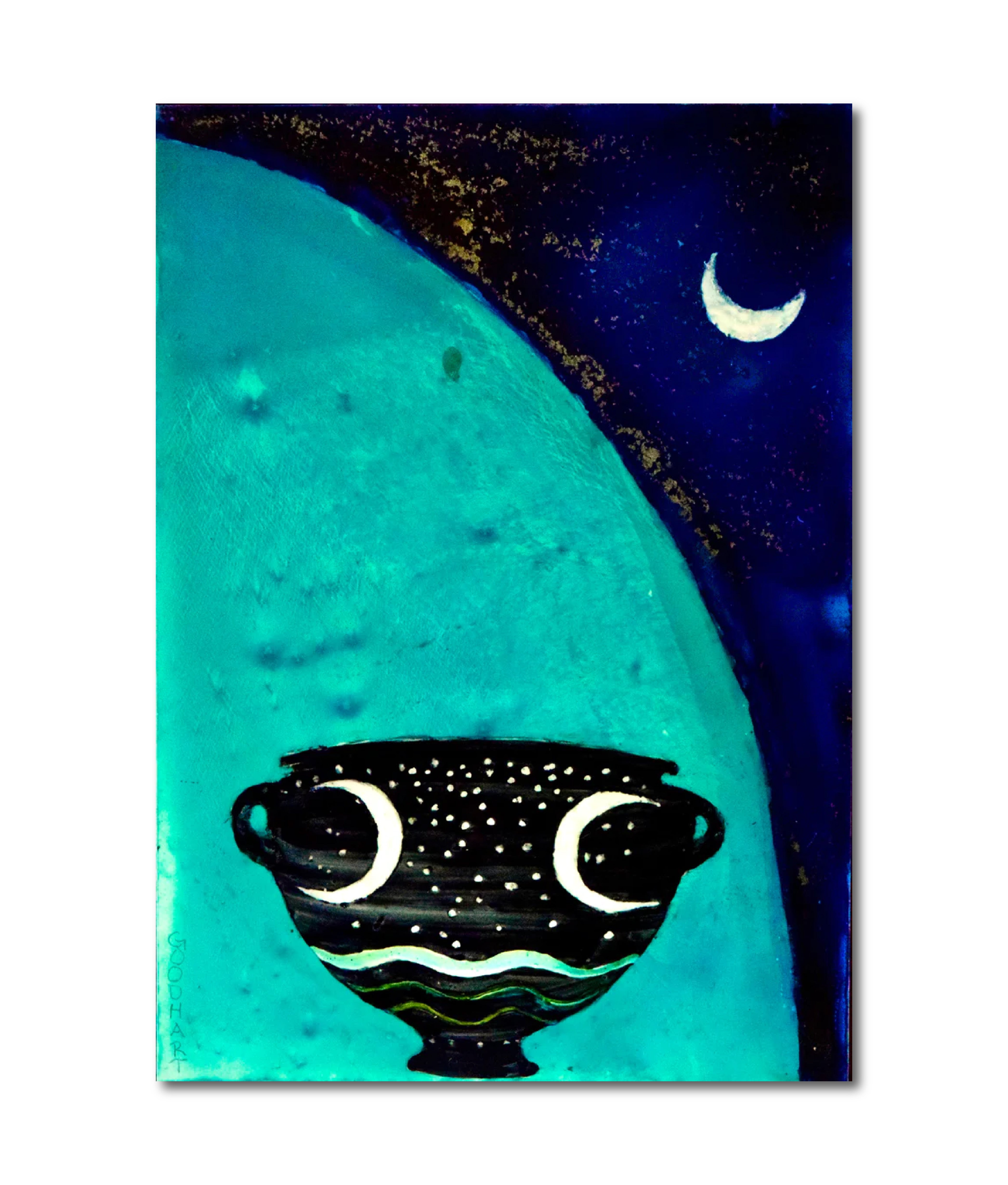 Figurative Ink Oil Watercolor 'MOON VESSEL' - Mixed Media on Panel Laurie Goodhart