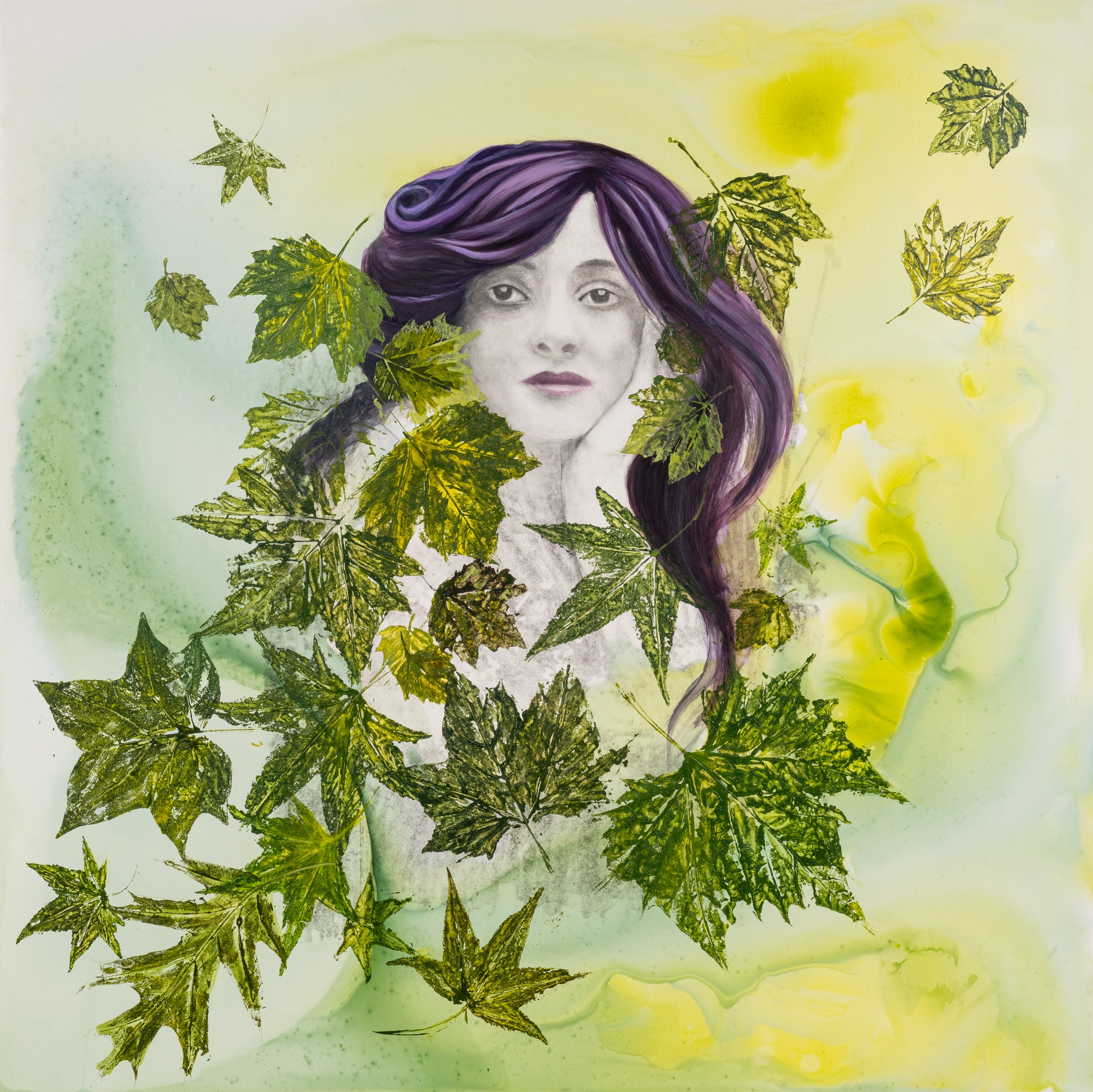 Acrylic Contemporary Design Figurative Ink Painting Surrealism 'FLORA' - Painting, Acrylic, Ink, and Transfer on wood panel Sandra Mack-Valencia