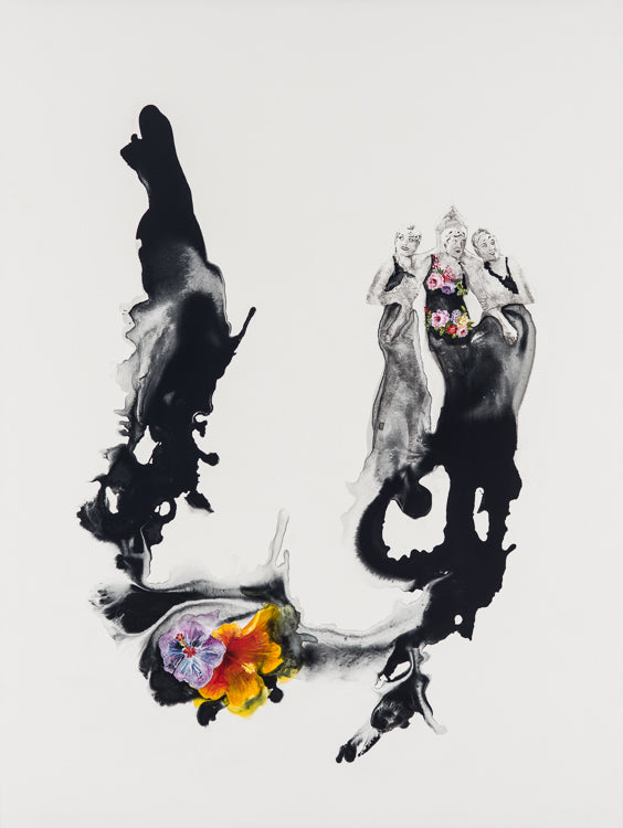 Acrylic Contemporary Design Figurative Ink Painting Surrealism 'FRIENDSHIP' - Painting, Acrylic, Ink, and Transfer on wood panel Sandra Mack-Valencia