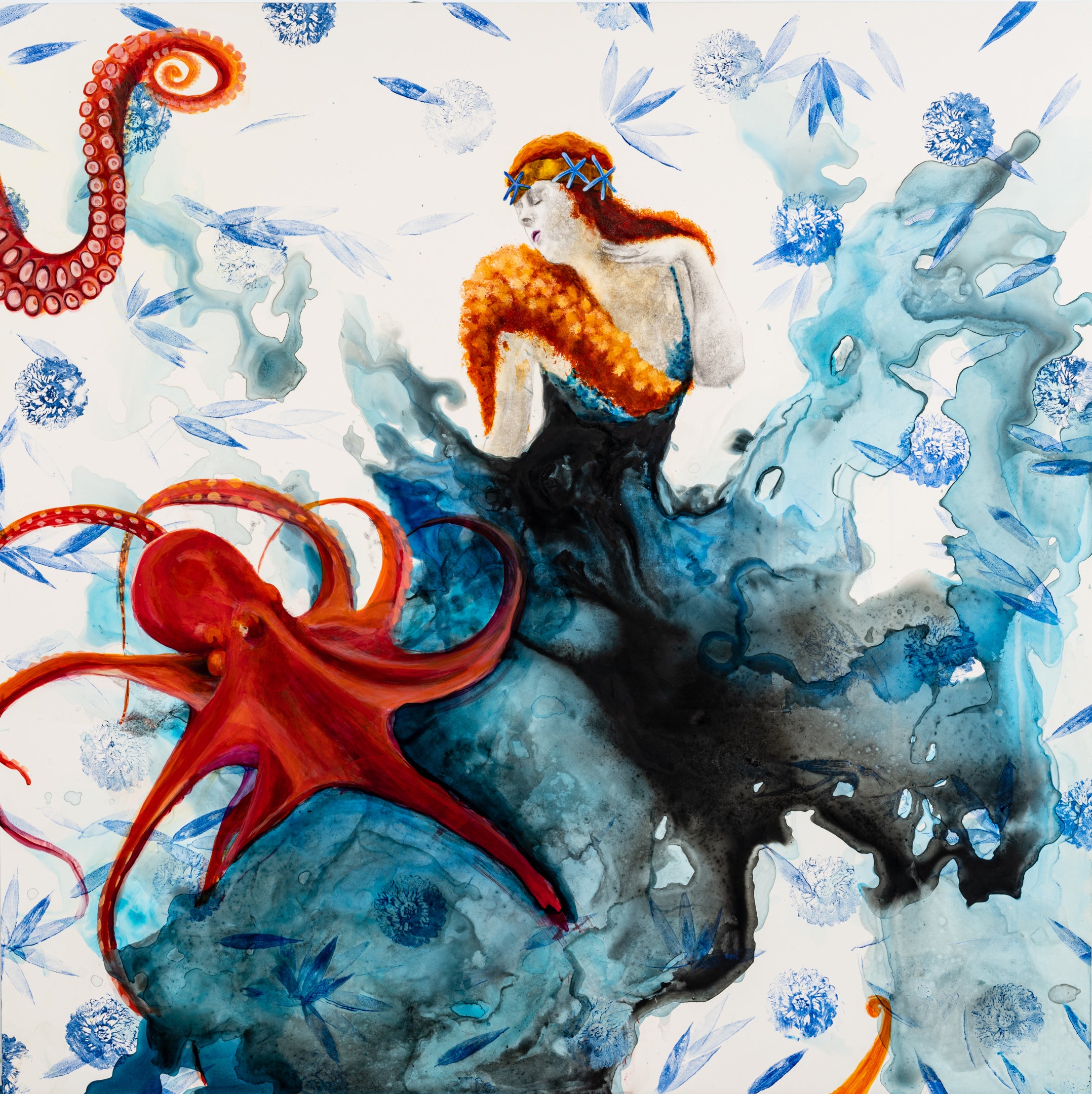 Acrylic Contemporary Design Figurative Ink Painting Surrealism 'MARINA' - Acrylic, ink and transfer on wood panel Sandra Mack-Valencia