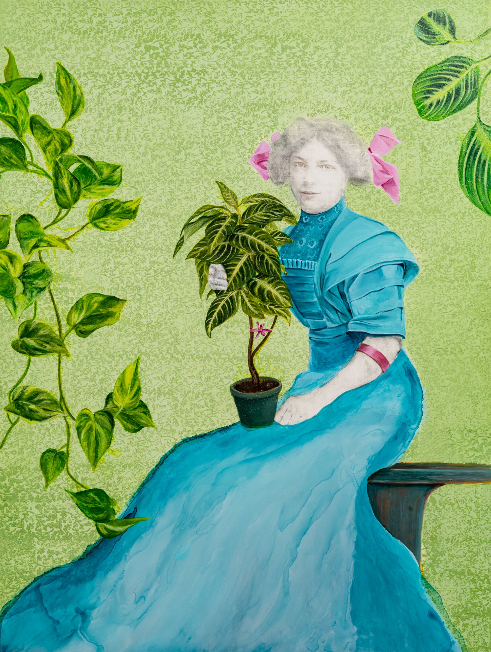 Acrylic Contemporary Design Figurative Ink Painting Surrealism 'PLANTERINA' - Acrylic and transfer on wood panel Sandra Mack-Valencia