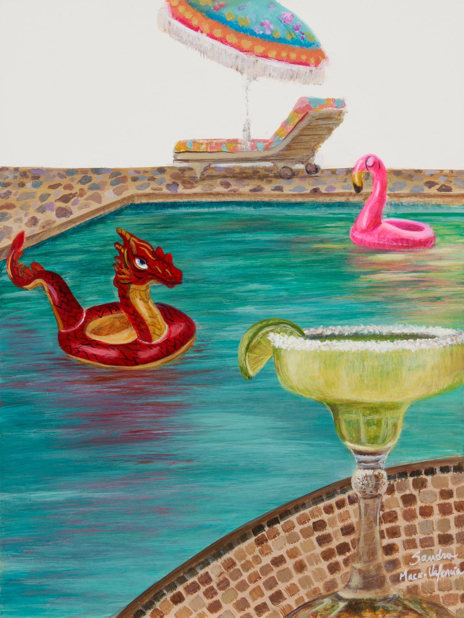 Acrylic Contemporary Design Figurative Ink Painting Surrealism 'CHISPA A.K.A. SUMMER IS HEAVEN' - Acrylic on Wood Panel Sandra Mack-Valencia