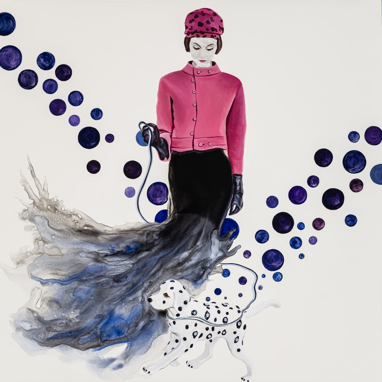 Acrylic Contemporary Design Figurative Ink Painting Surrealism 'THE DOG WALK' - Acrylic, ink and transfer on wood panel Sandra Mack-Valencia