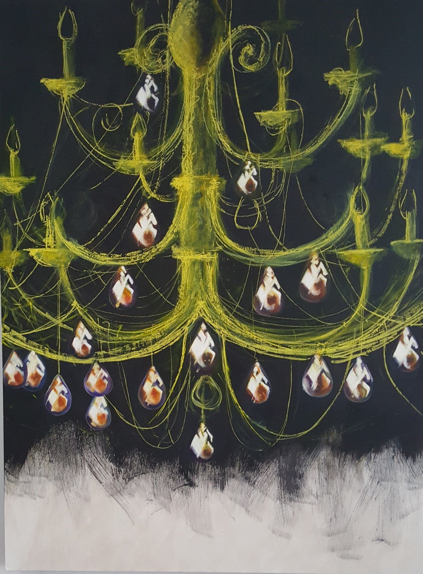 Acrylic Contemporary Design Figurative Ink Painting Surrealism 'THE YELLOW CHANDELIER' - Acrylic and pastel on wood panel Sandra Mack-Valencia