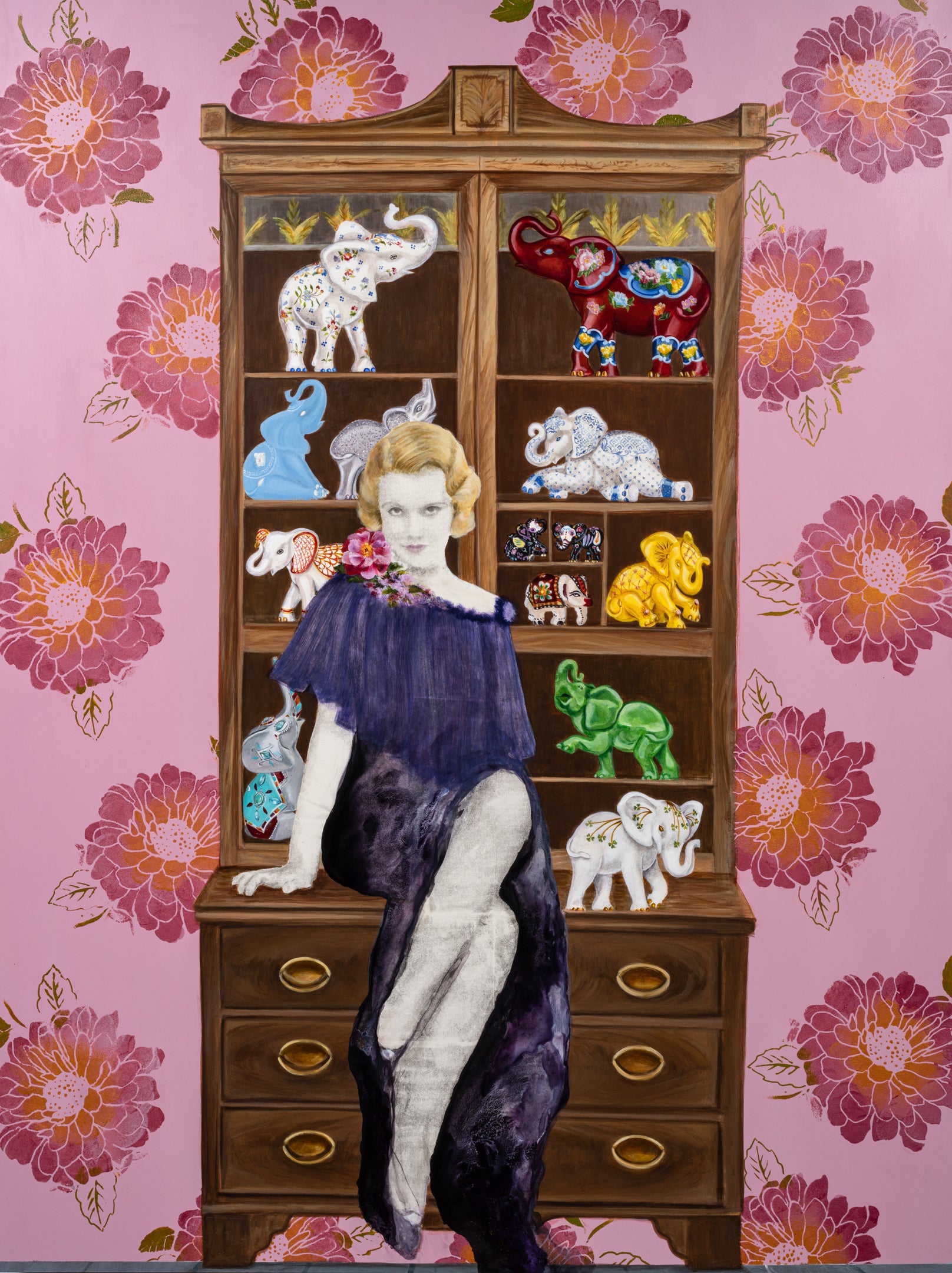 Acrylic Contemporary Design Figurative Ink Painting Surrealism 'THIRTEEN ELEPHANTS AND A BLONDE' - Acrylic and transfer on wood panel Sandra Mack-Valencia