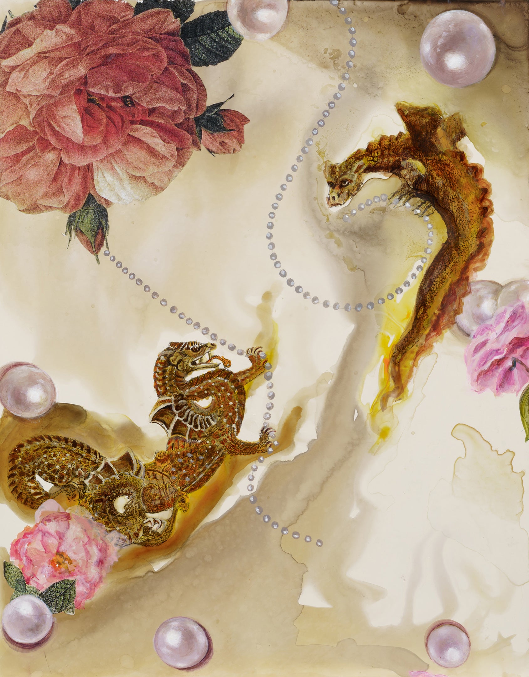 Acrylic Contemporary Design Figurative Ink Painting Surrealism 'WISDOM AND INNOCENCE' - Mixed Media on Wood Panel Sandra Mack-Valencia