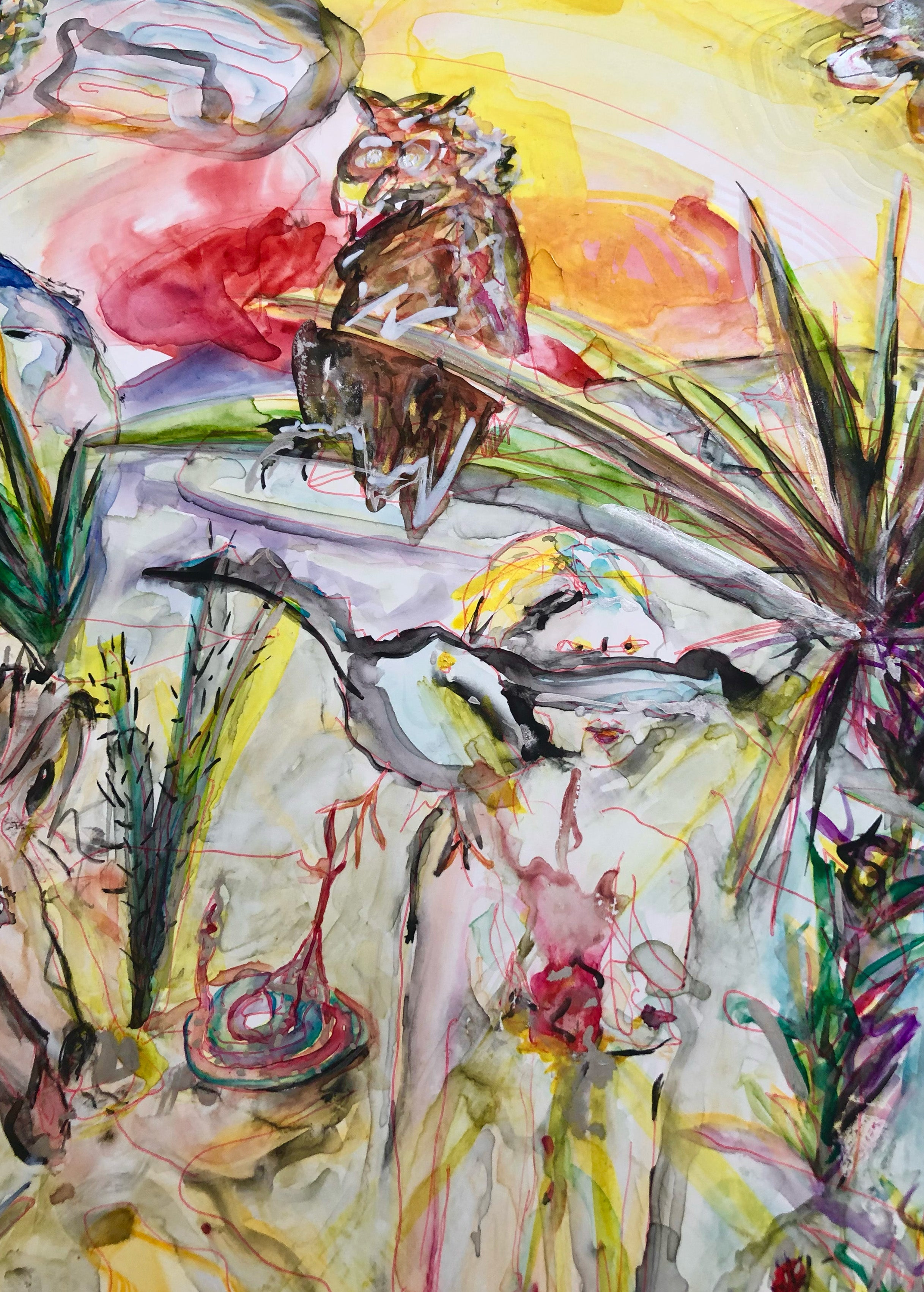 Ink Painting Watercolor 'ME IN THE WORLD OUTSIDE MY WINDOW' - Watercolor Painting Lala Abaddon