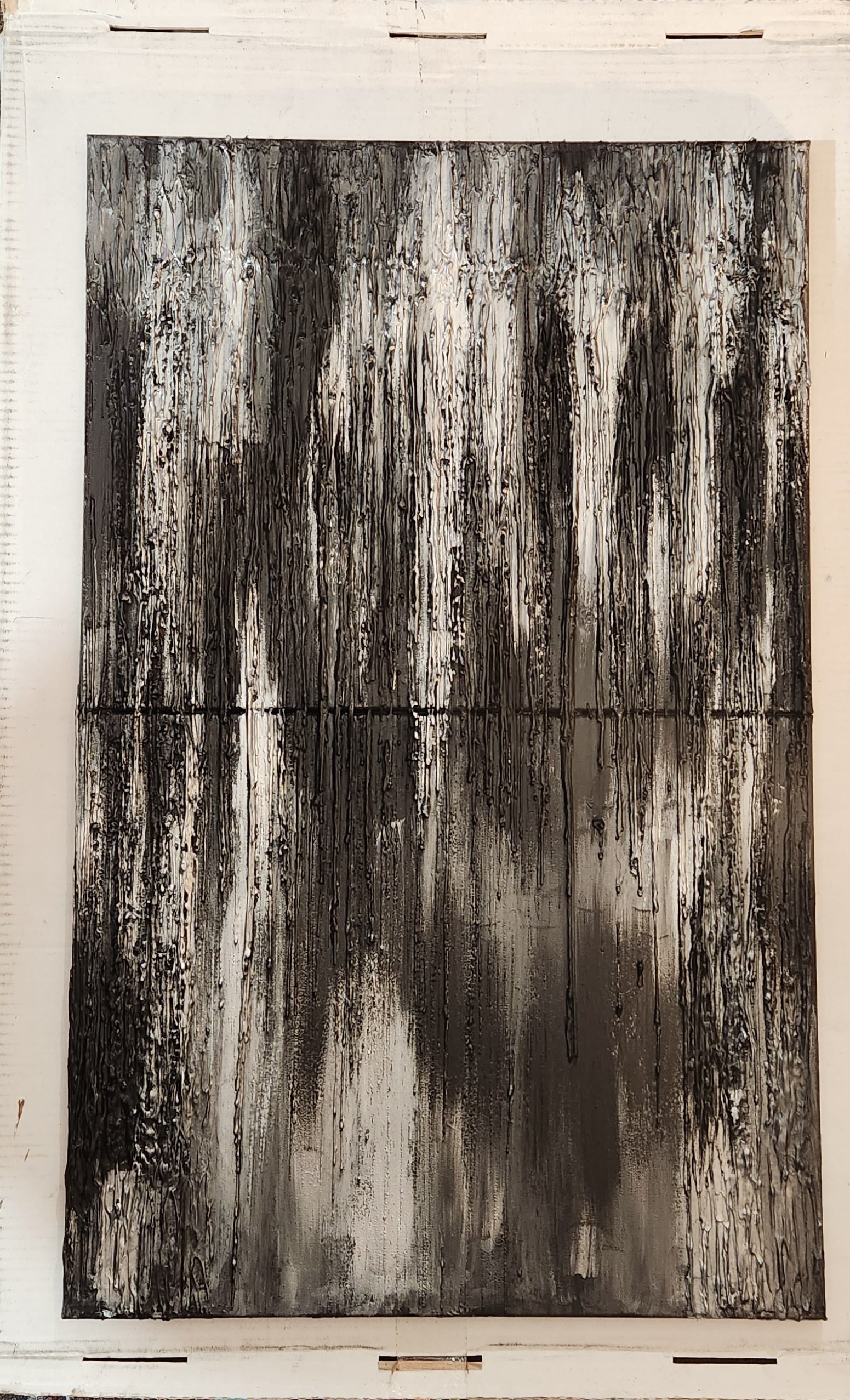 Abstract Acrylic Contemporary Painting 'MELTING BLACK-SILVER' Acrylic, Crayon, and Mixed Media Ulani Curry