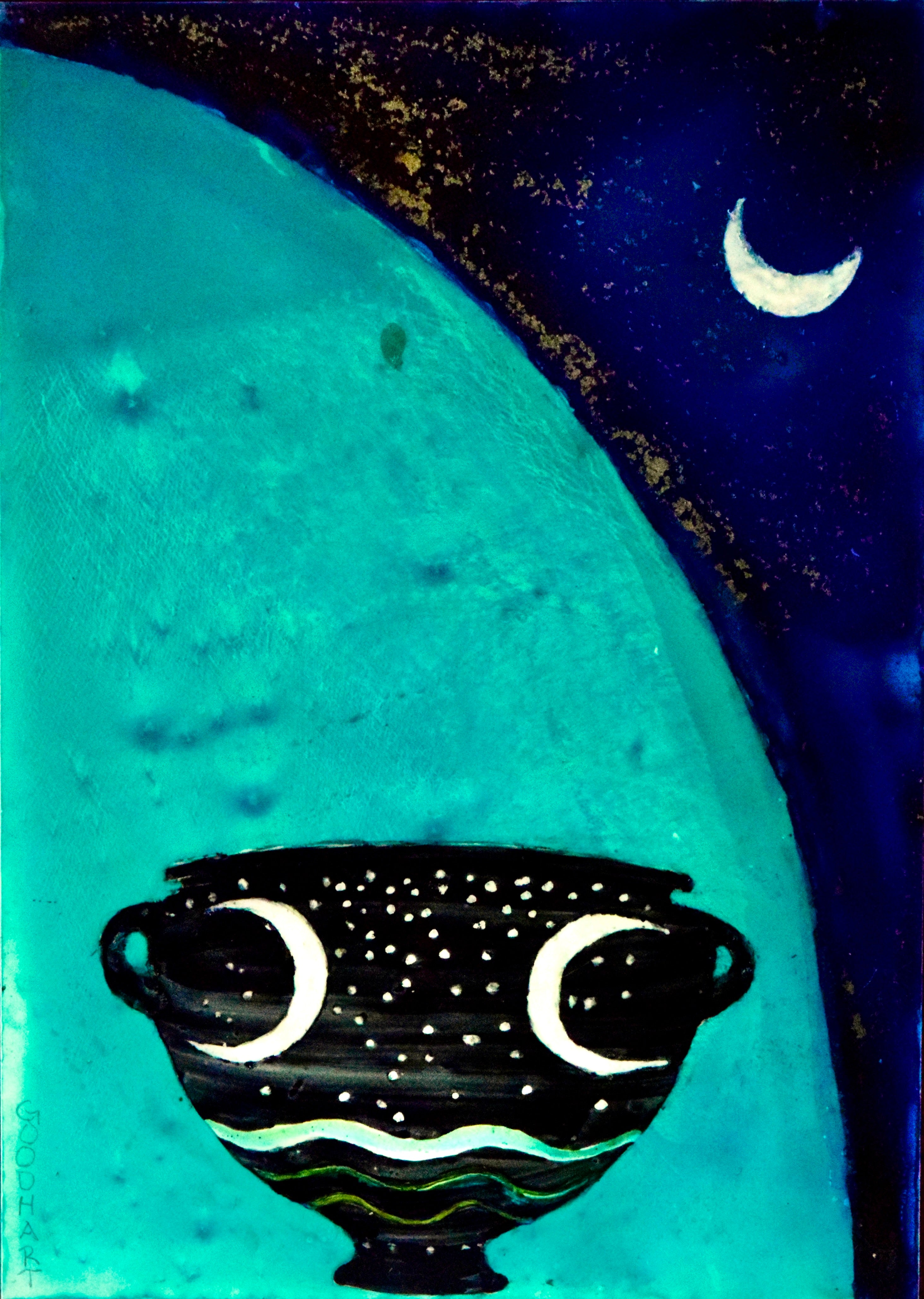 Figurative Ink Oil Watercolor 'MOON VESSEL' - Mixed Media on Panel Laurie Goodhart