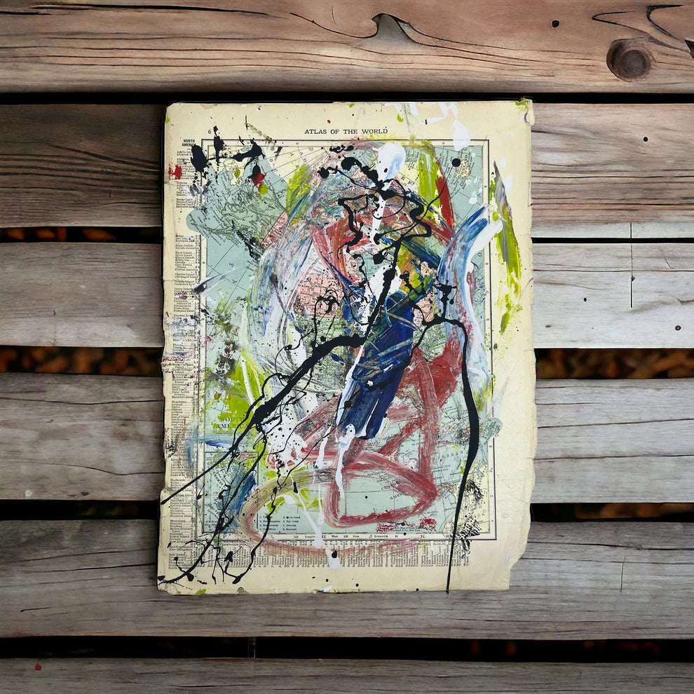 Abstract Mixed Media Painting 'NORTH AMERICA WANDERLUST SIGNED #4' - Abstract Mixed Media Art Painting Sam Lewis